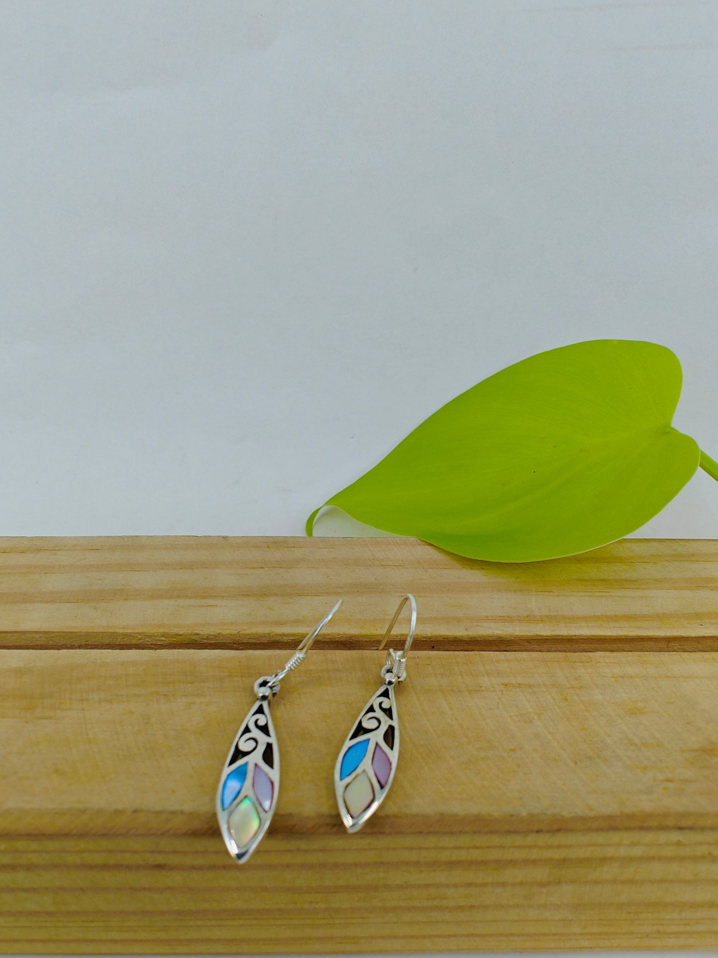 Elliptical silver earrings with carvings and pastel coloured stones