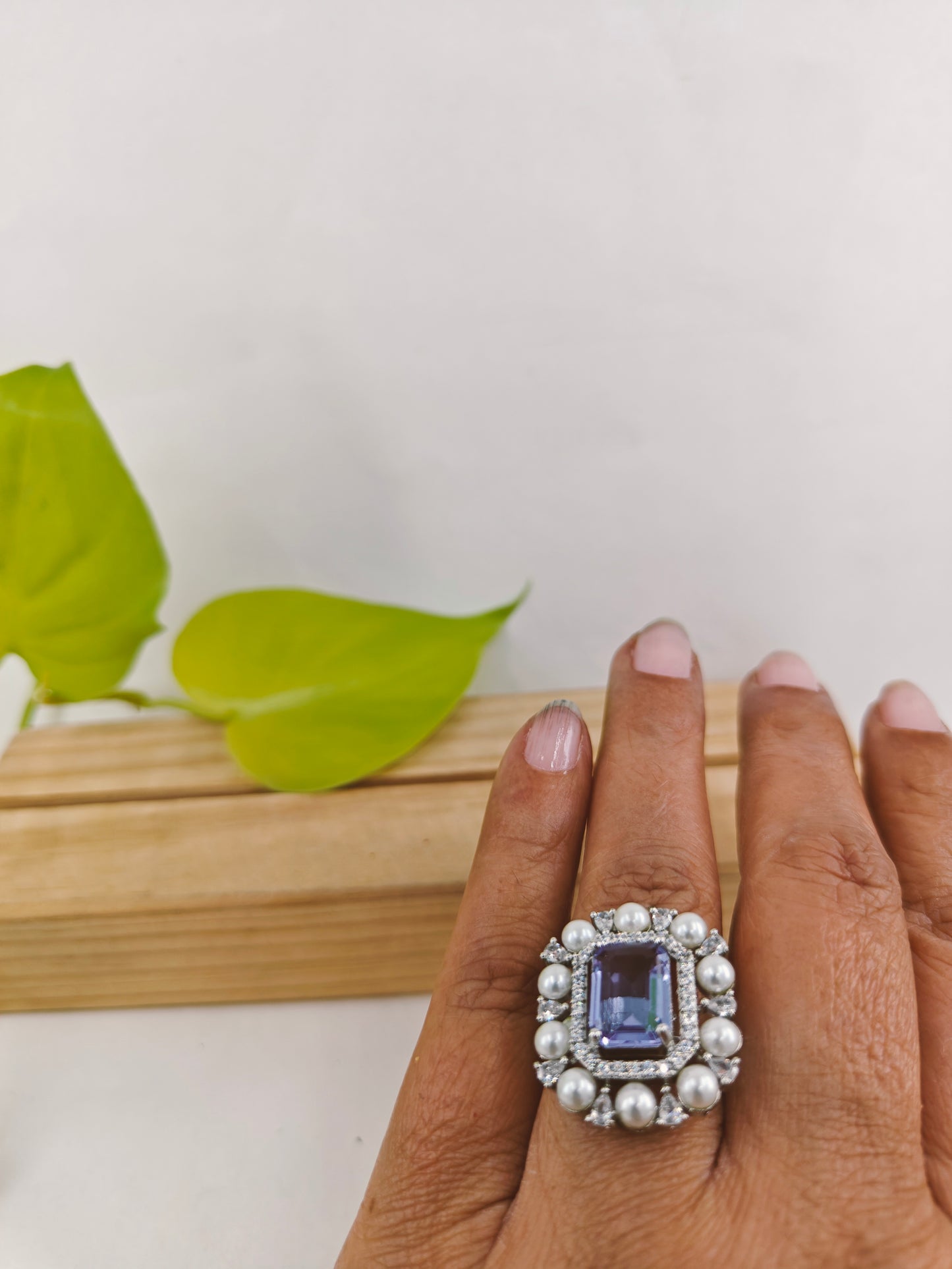 Silver finish amethyst rectangular ring surrounded with CZ and pearls