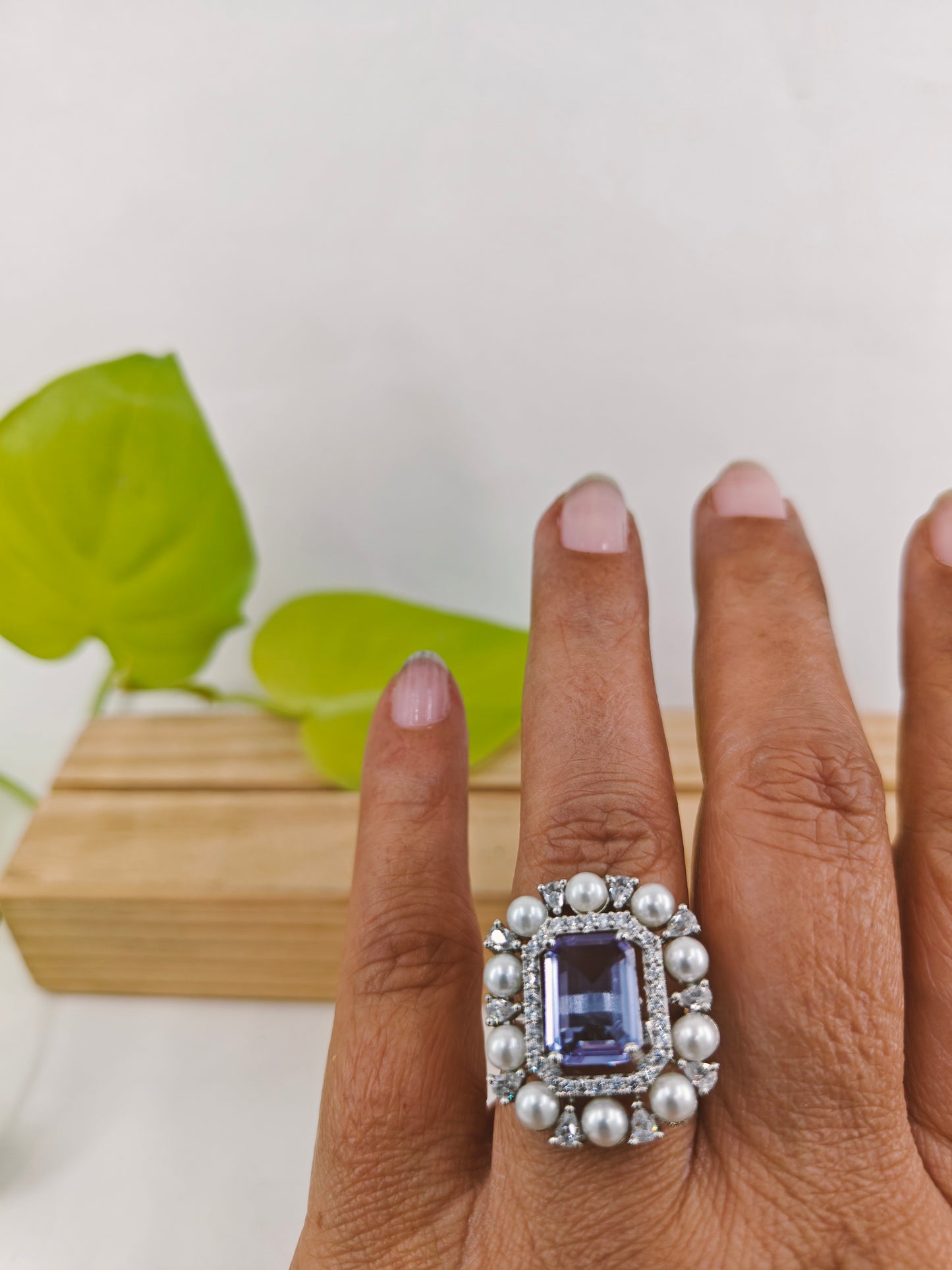 Silver finish amethyst rectangular ring surrounded with CZ and pearls