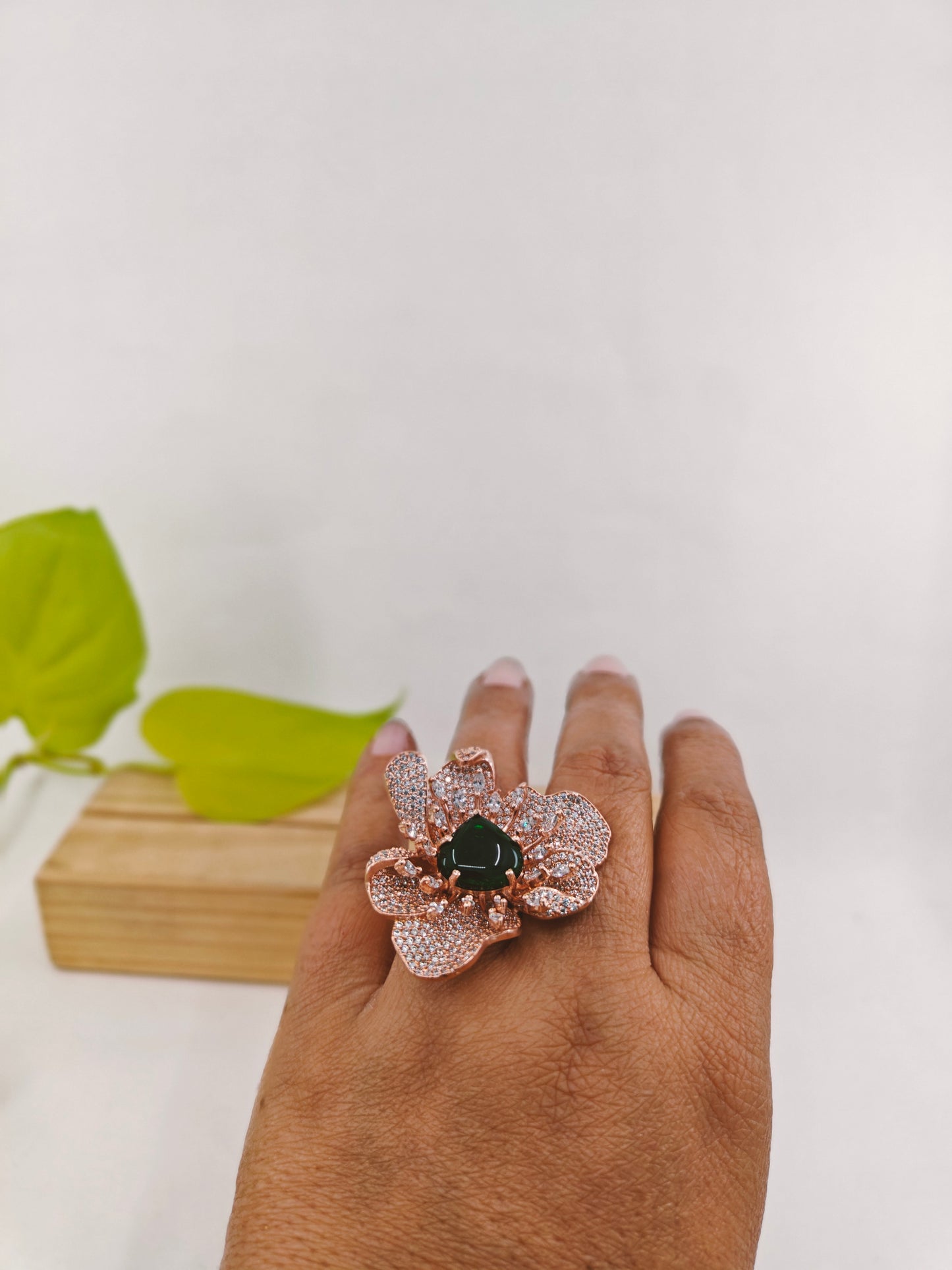 Arrowhead flower motif silver finish/rose gold finish ring with yellow/ green stone, CZ detailing