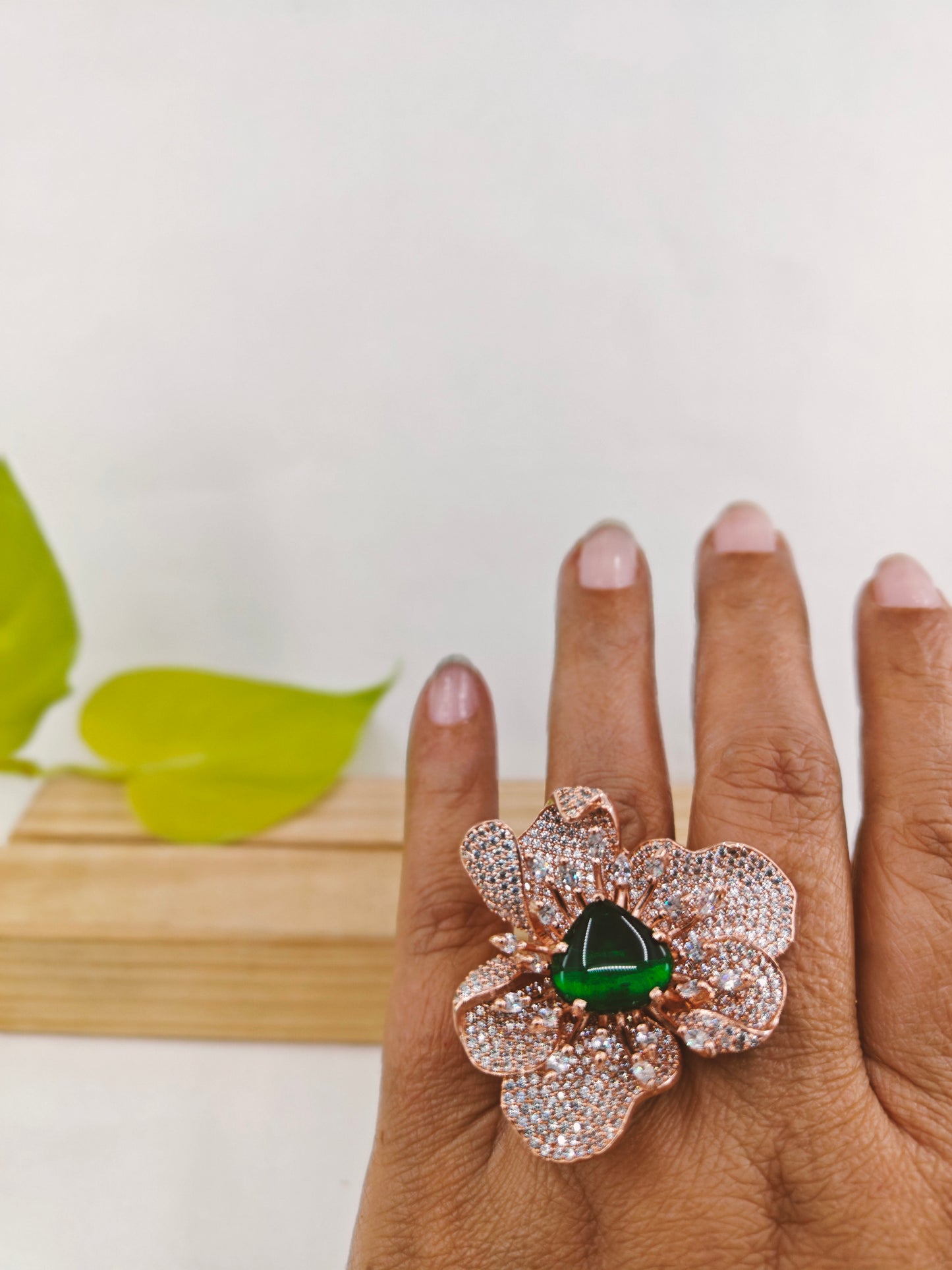 Arrowhead flower motif silver finish/rose gold finish ring with yellow/ green stone, CZ detailing