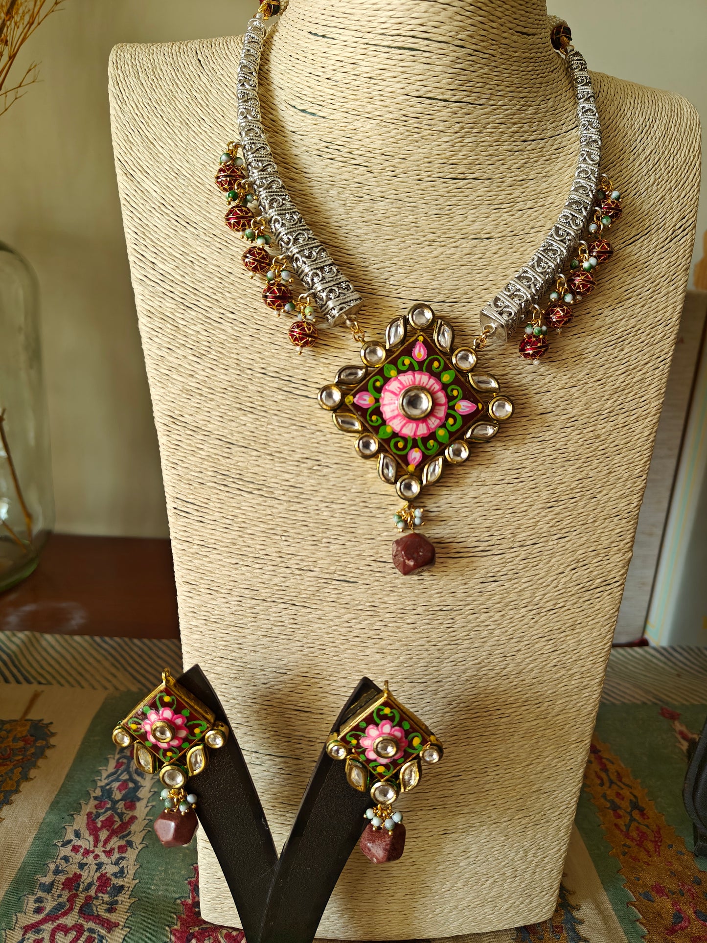 Hasili set in silver finish with Meenakari,stone and kundan work,big meenakari earrings