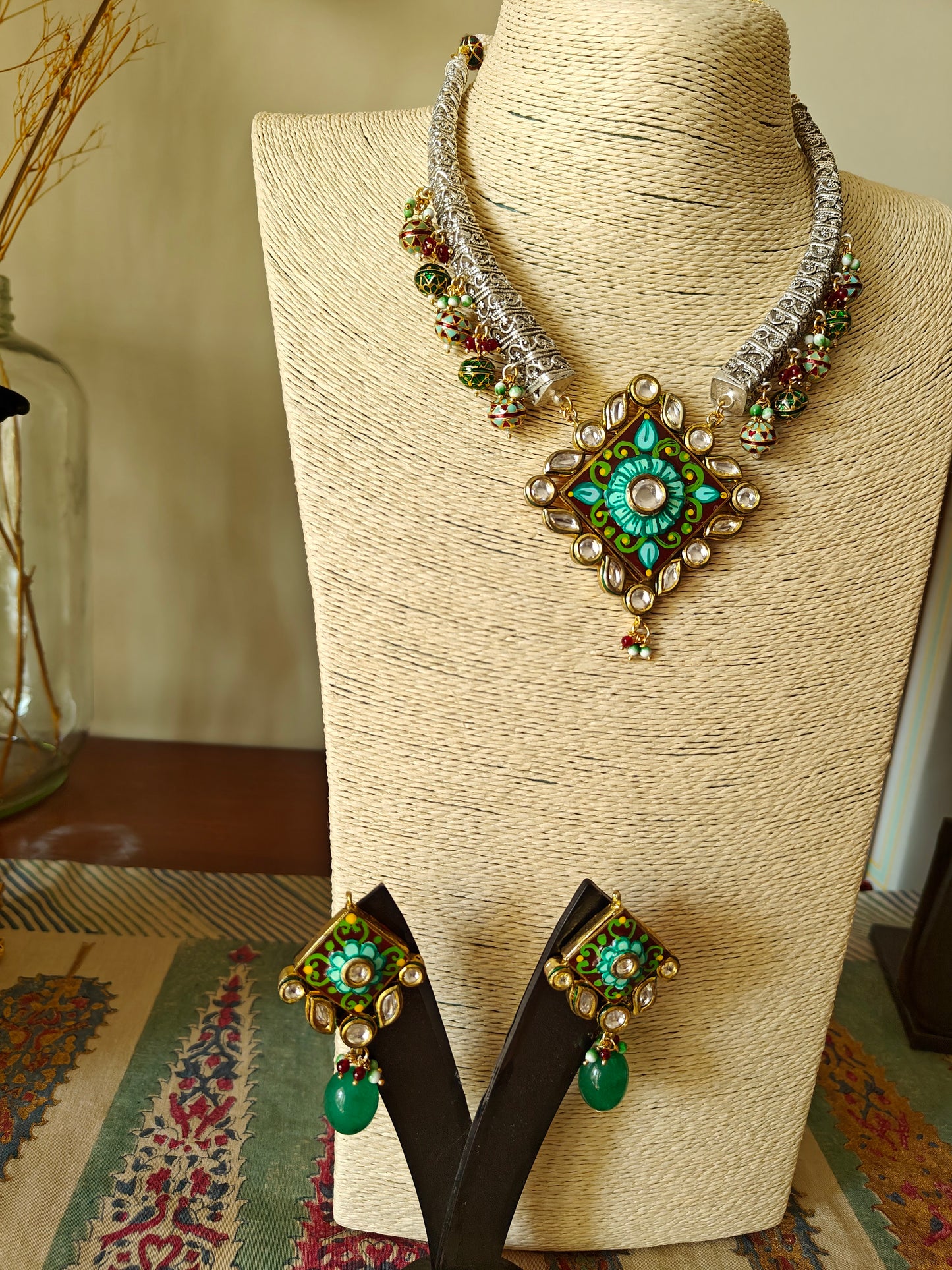 Hasili set in silver finish with Meenakari,stone and kundan work,big meenakari earrings