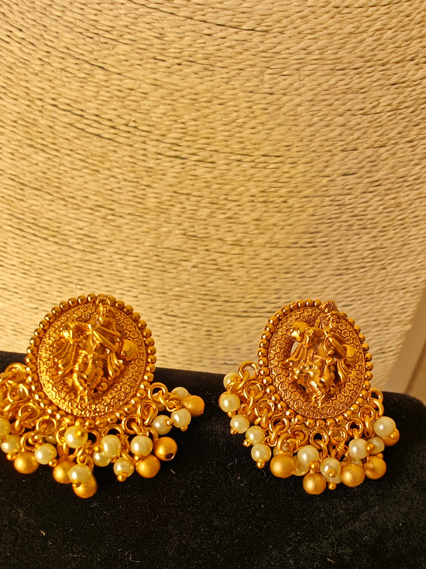 Gold Temple,Krishna pendant on pearl cluster necklace,Krishna studs with pearl hangings