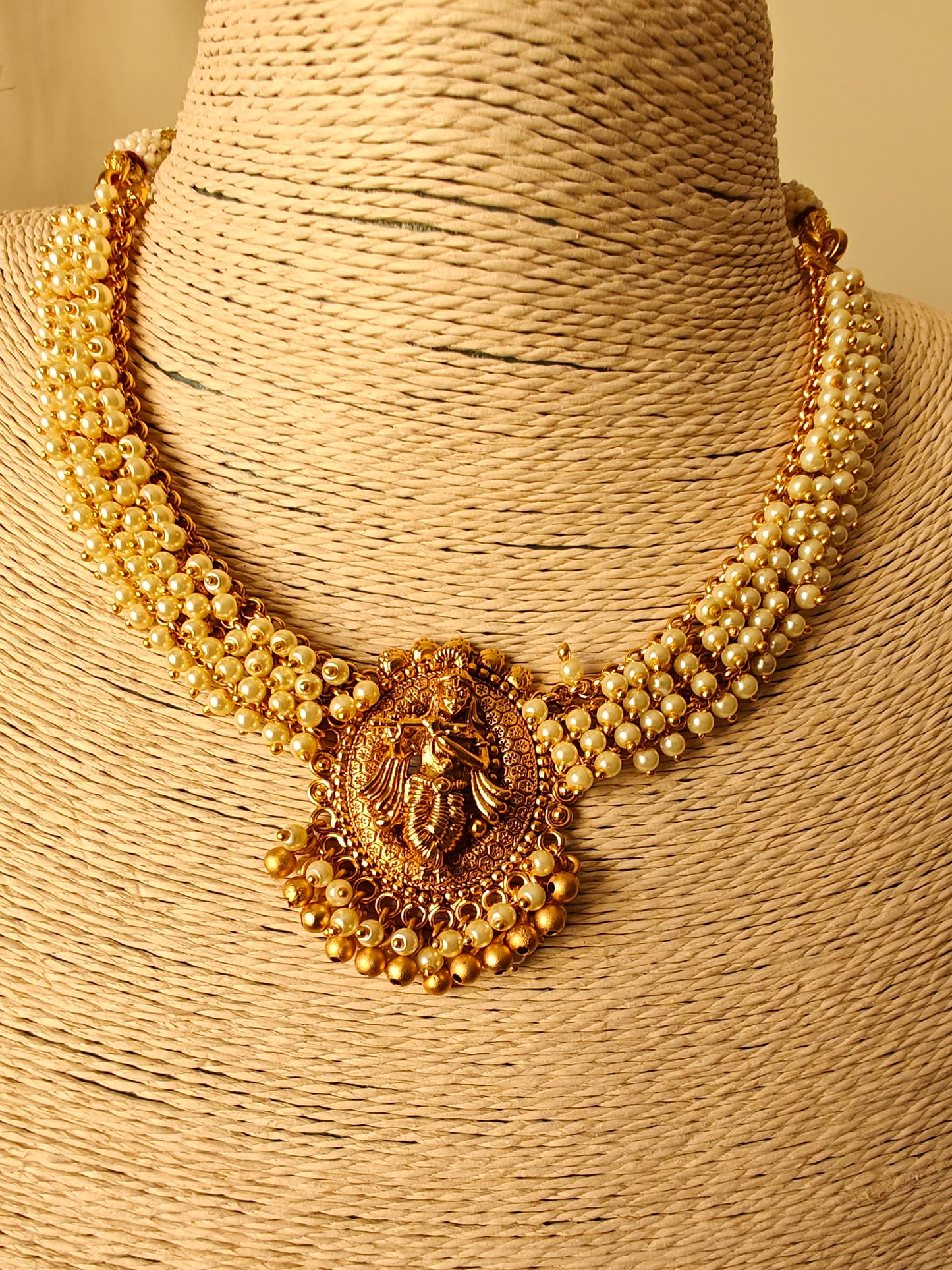 Gold Temple,Krishna pendant on pearl cluster necklace,Krishna studs with pearl hangings