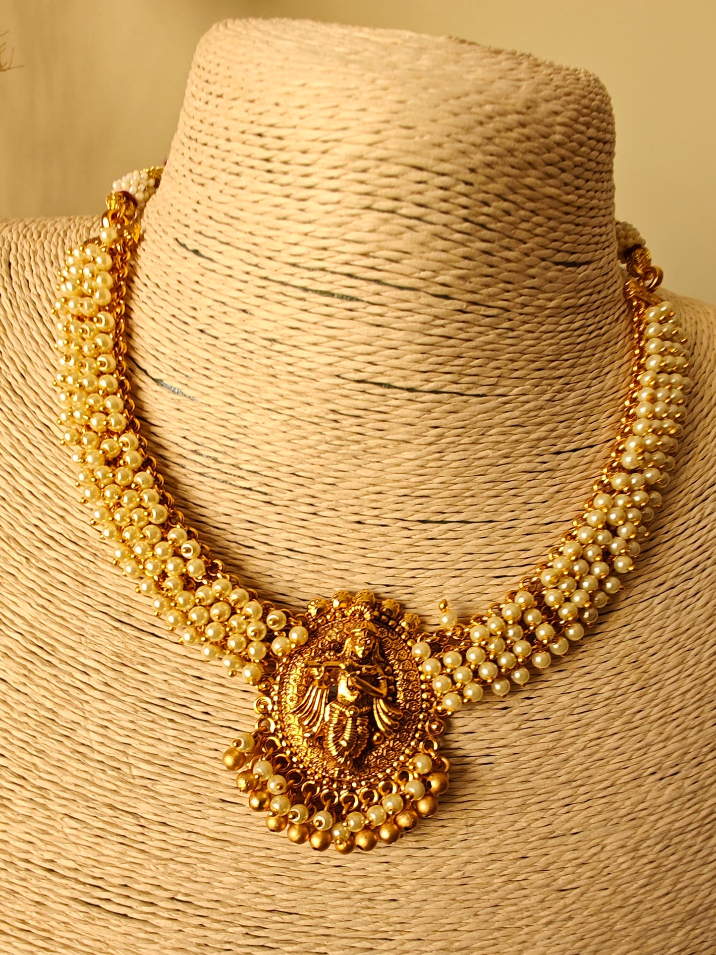 Gold Temple,Krishna pendant on pearl cluster necklace,Krishna studs with pearl hangings