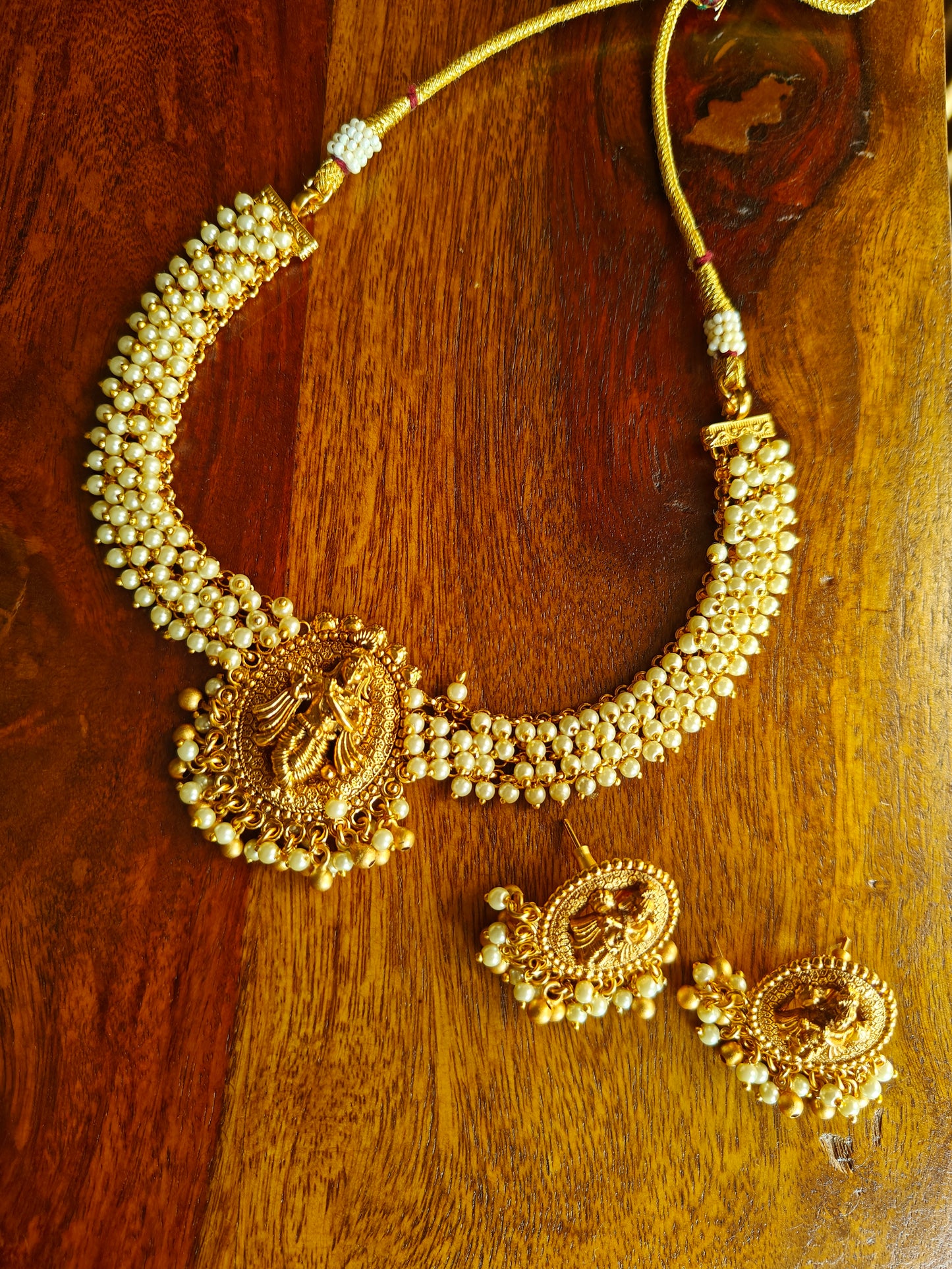 Gold Temple,Krishna pendant on pearl cluster necklace,Krishna studs with pearl hangings