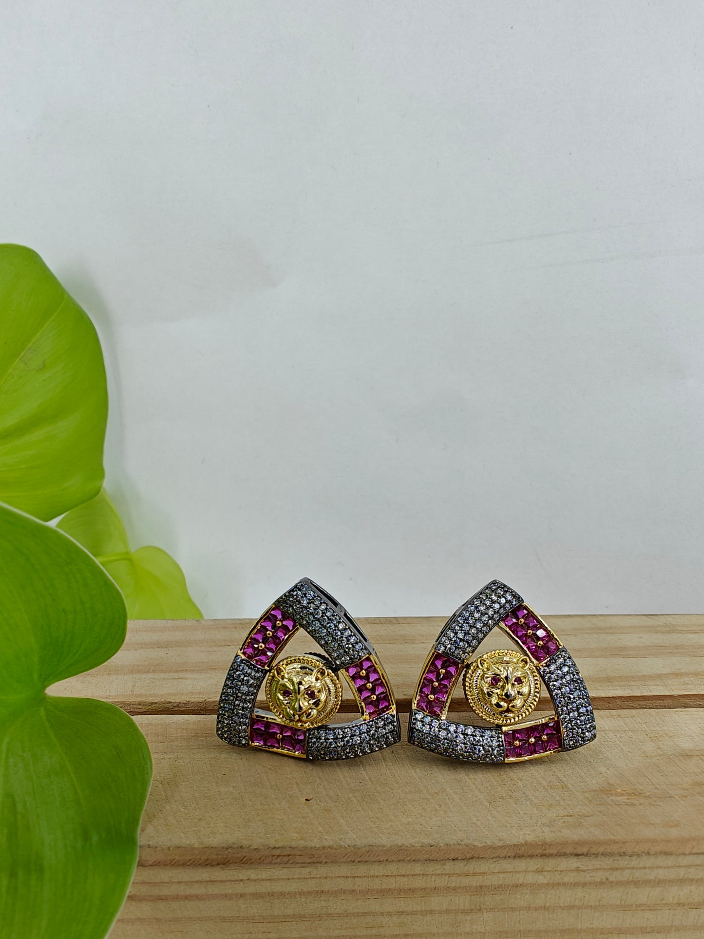 Triangular earrings with sapphire blue/Ruby pink nano stones with CZ highlights