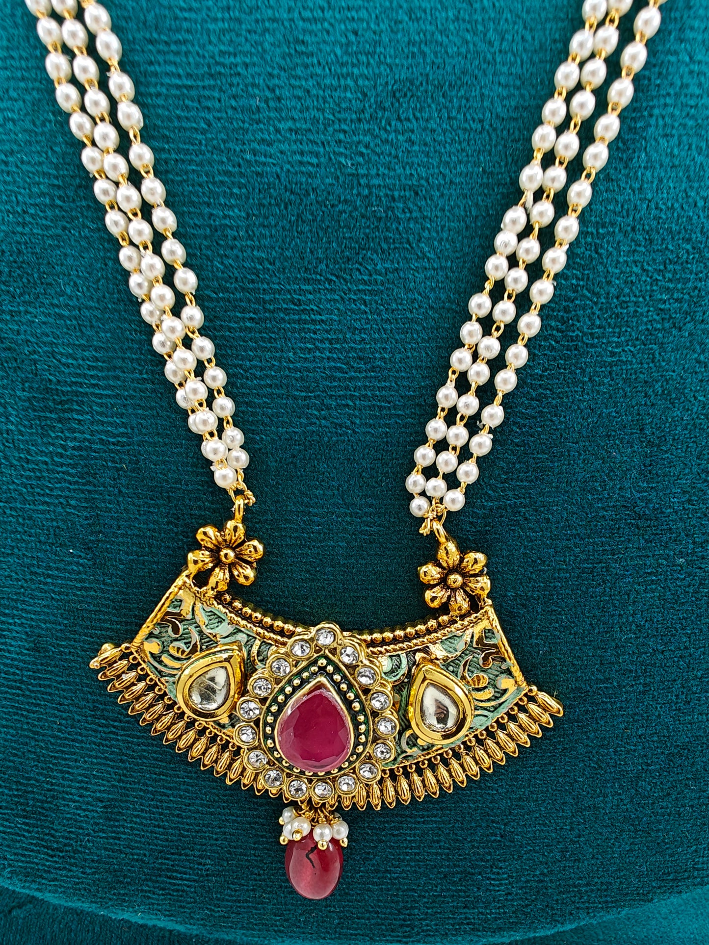 Meenakari and kundan set with stone work on pearl strands