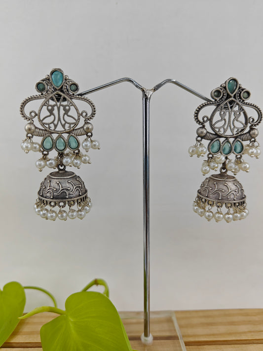 Earrings( jhumkis) with mint green stone highlights