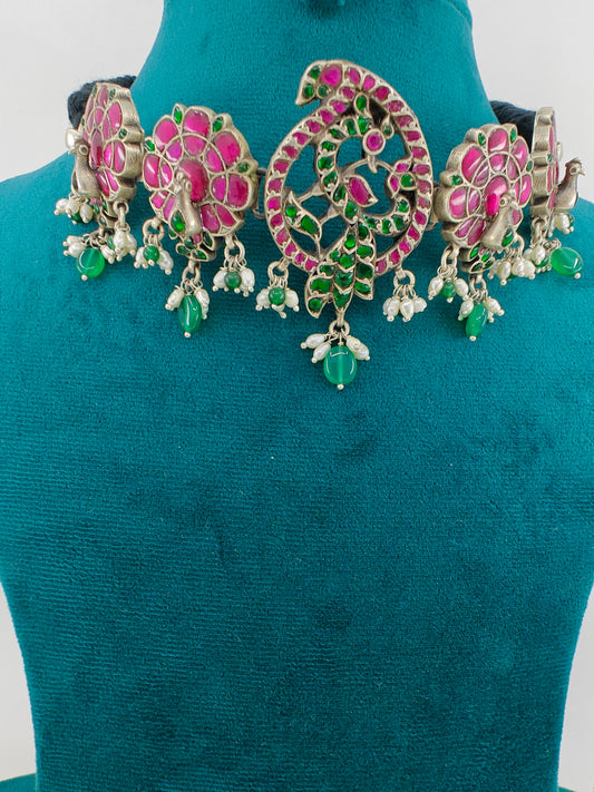 Silver choker necklace with pink stone Kundan work on open feather peacocks