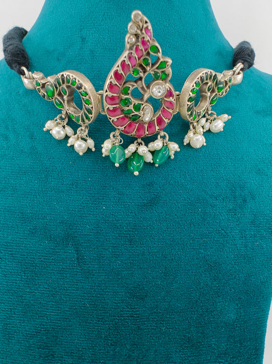 Silver choker necklace in pink and green stone kundan work