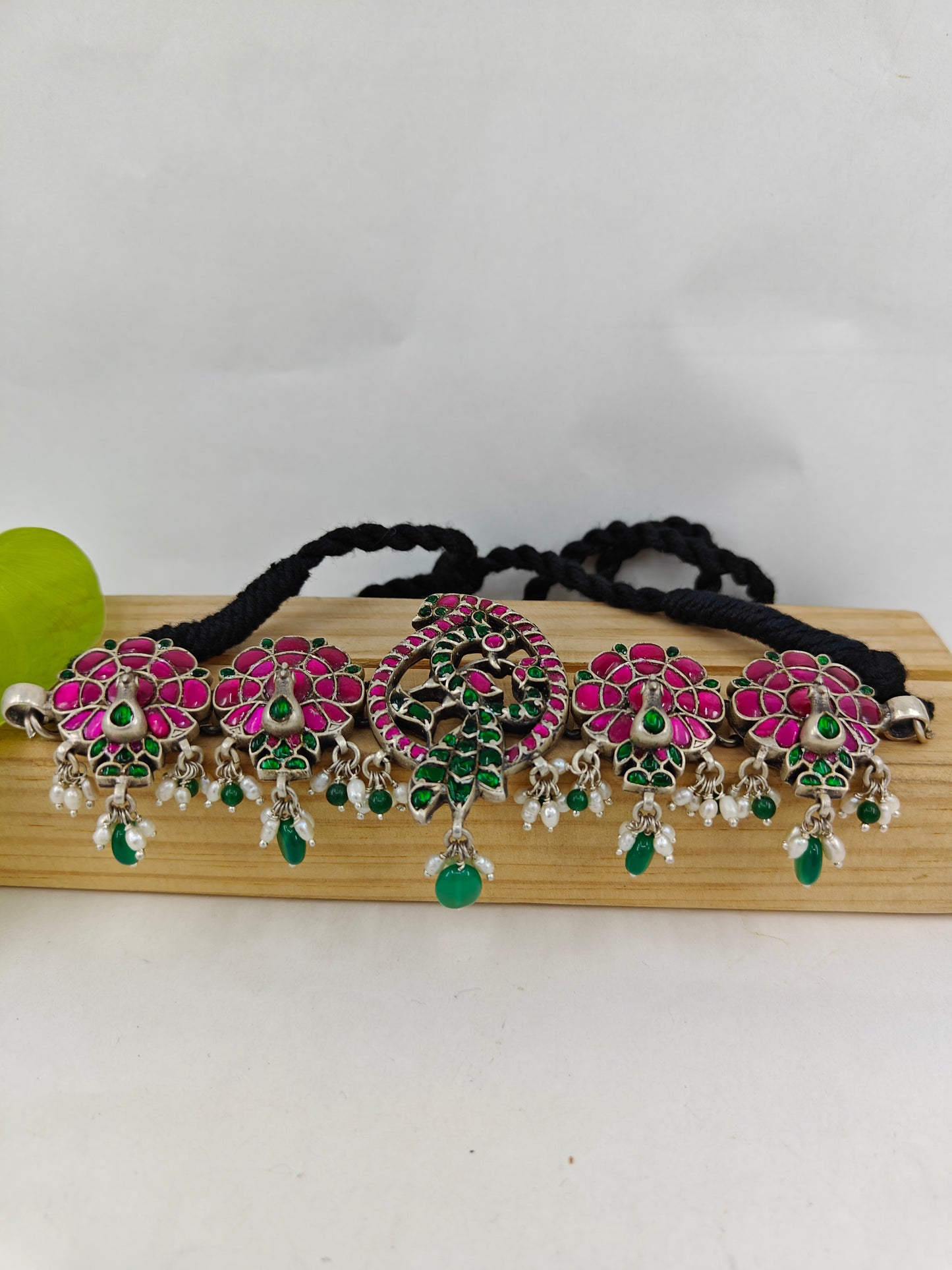 Silver choker necklace with pink stone Kundan work on open feather peacocks