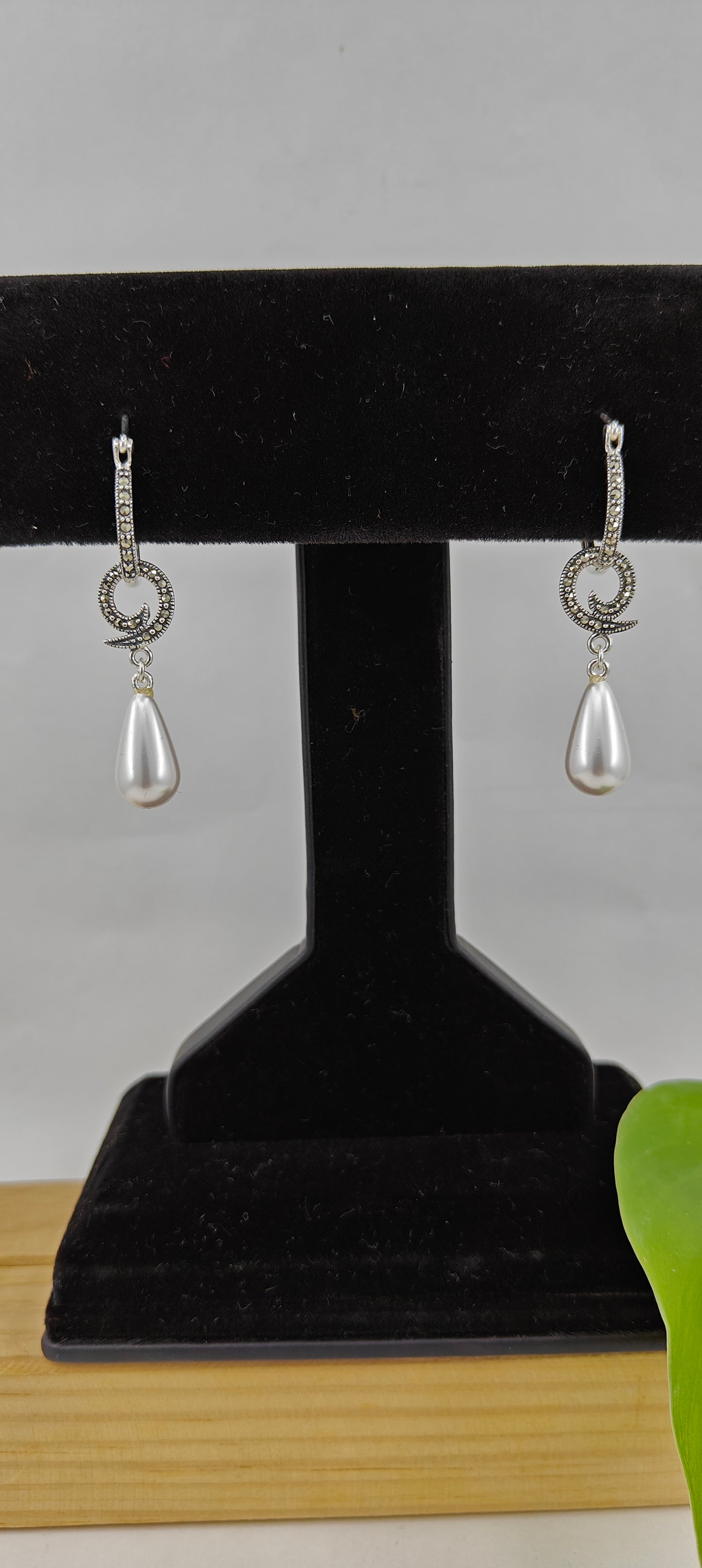 Silver marcasite earrings with pearl drop