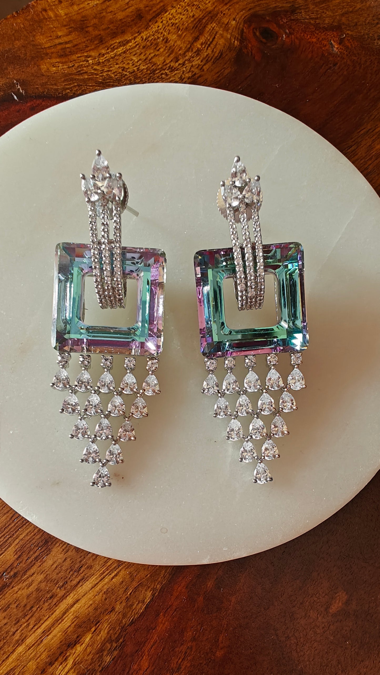 Anadi earrings with a square multi hue crystal