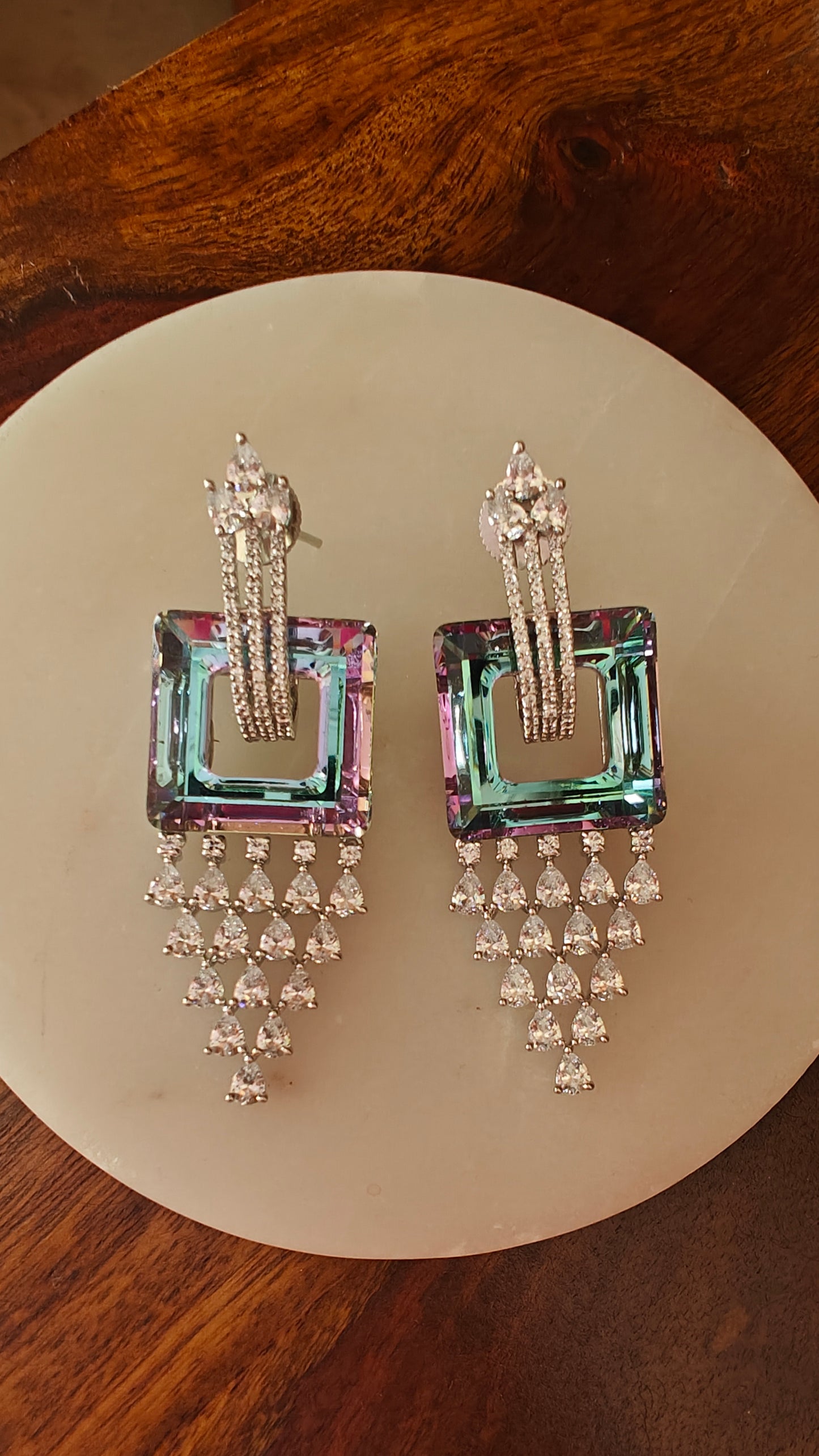 Anadi earrings with a square multi hue crystal