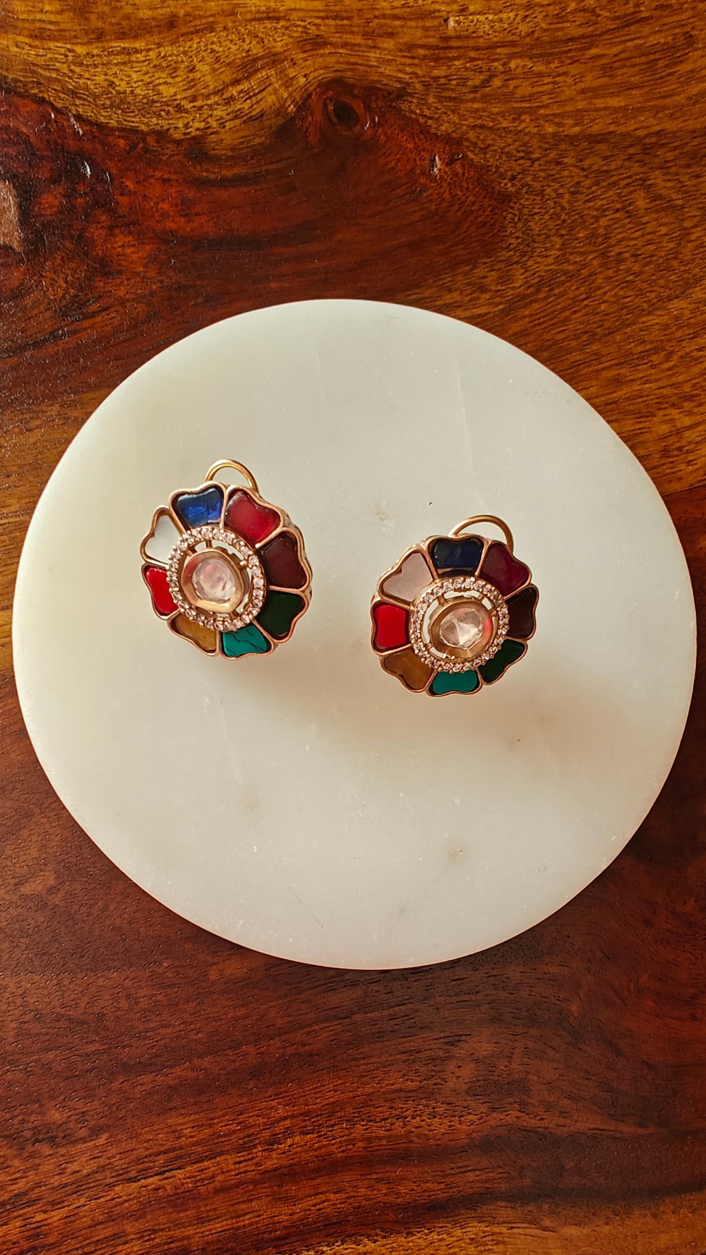 Golden studs with flower petals in multi colour stones/mother of pearl