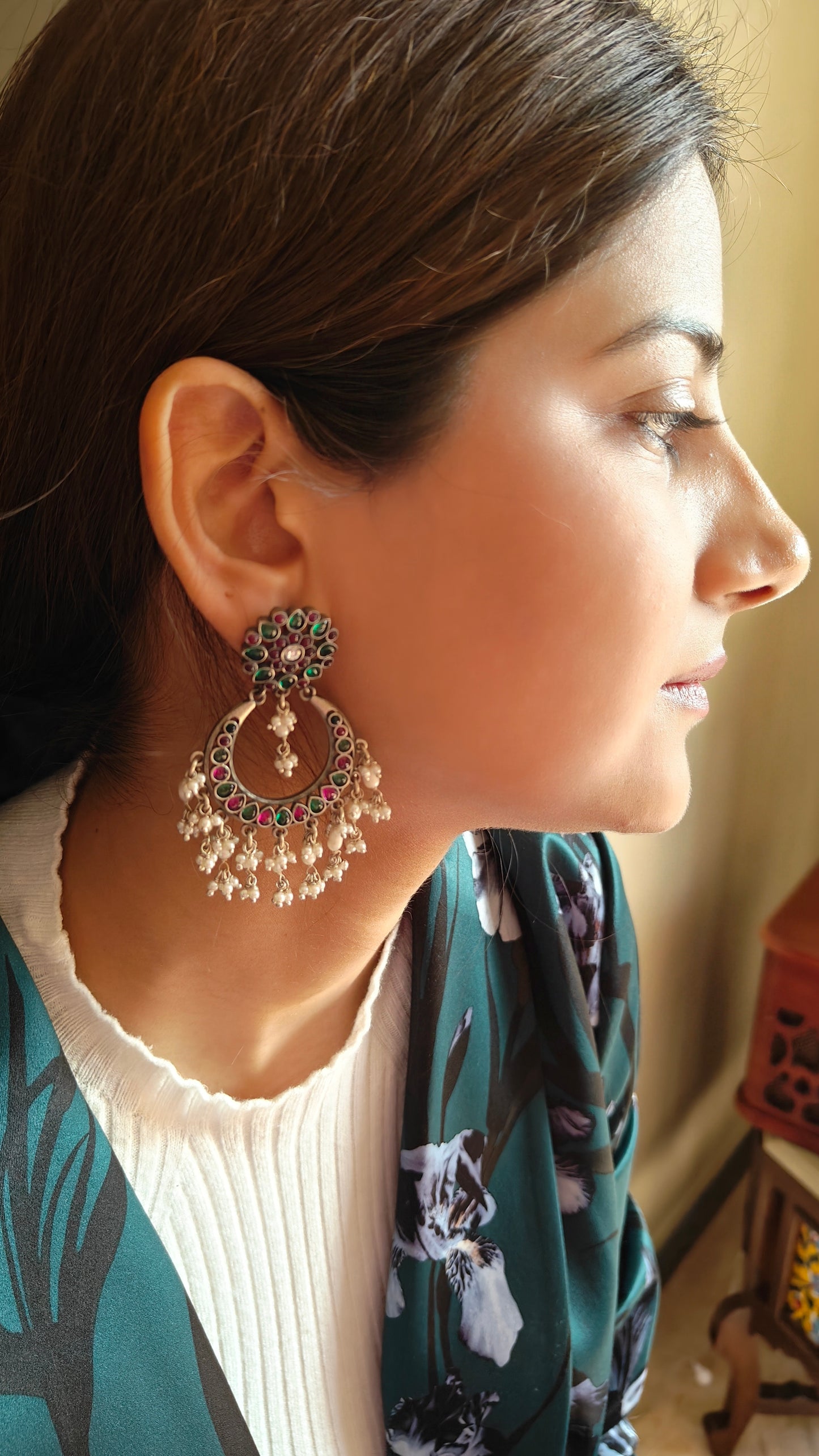 Khawab silver earrings with red-green stones and pearls hangings