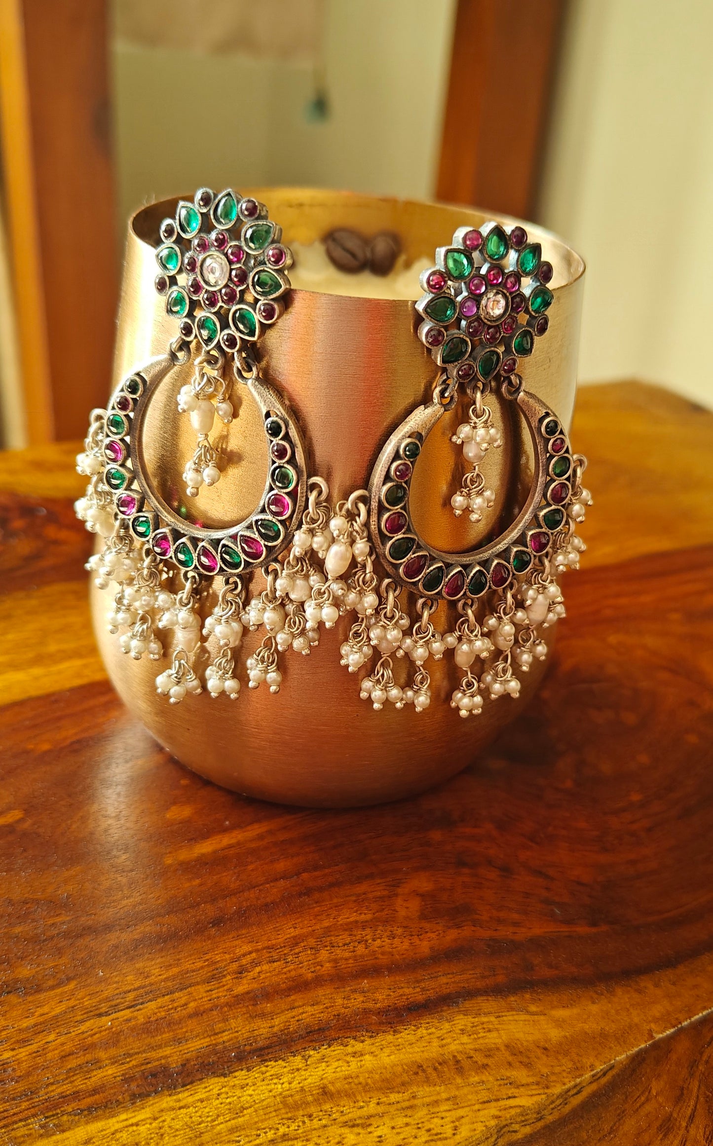 Khawab silver earrings with red-green stones and pearls hangings