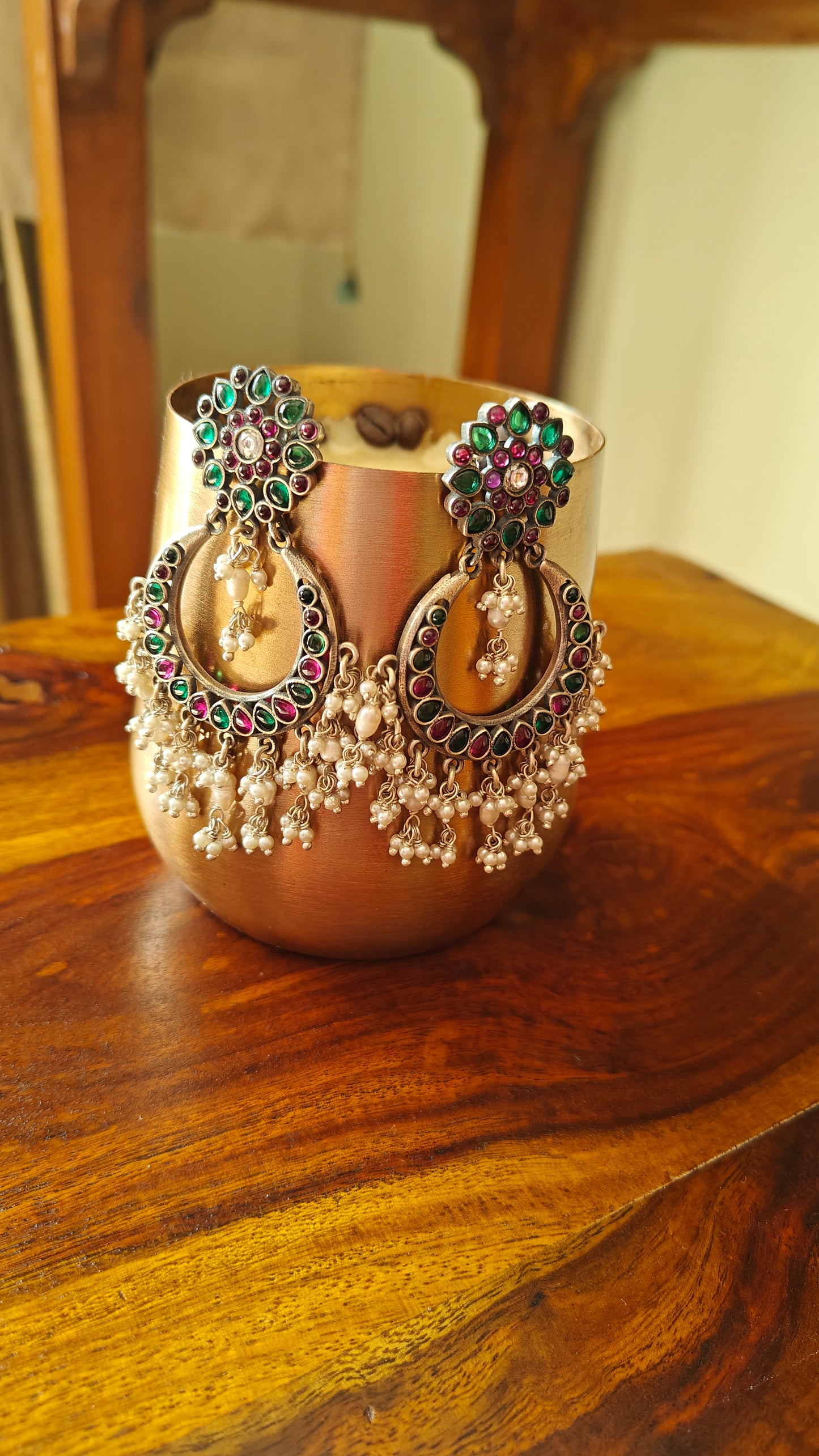 Khawab silver earrings with red-green stones and pearls hangings