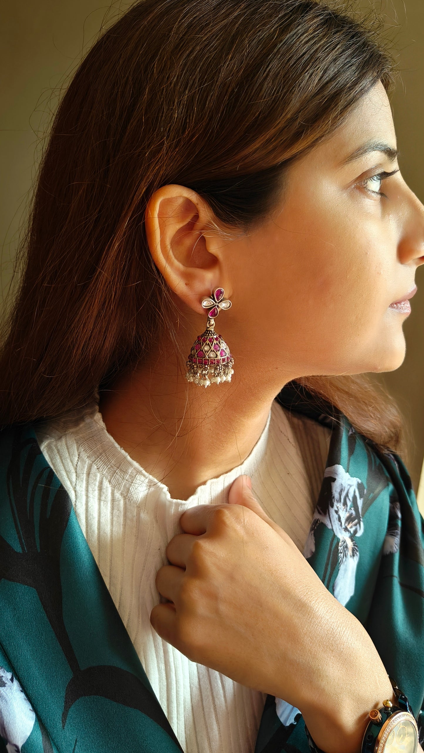 Antique silver jhumkas (earrings) with red and white stones