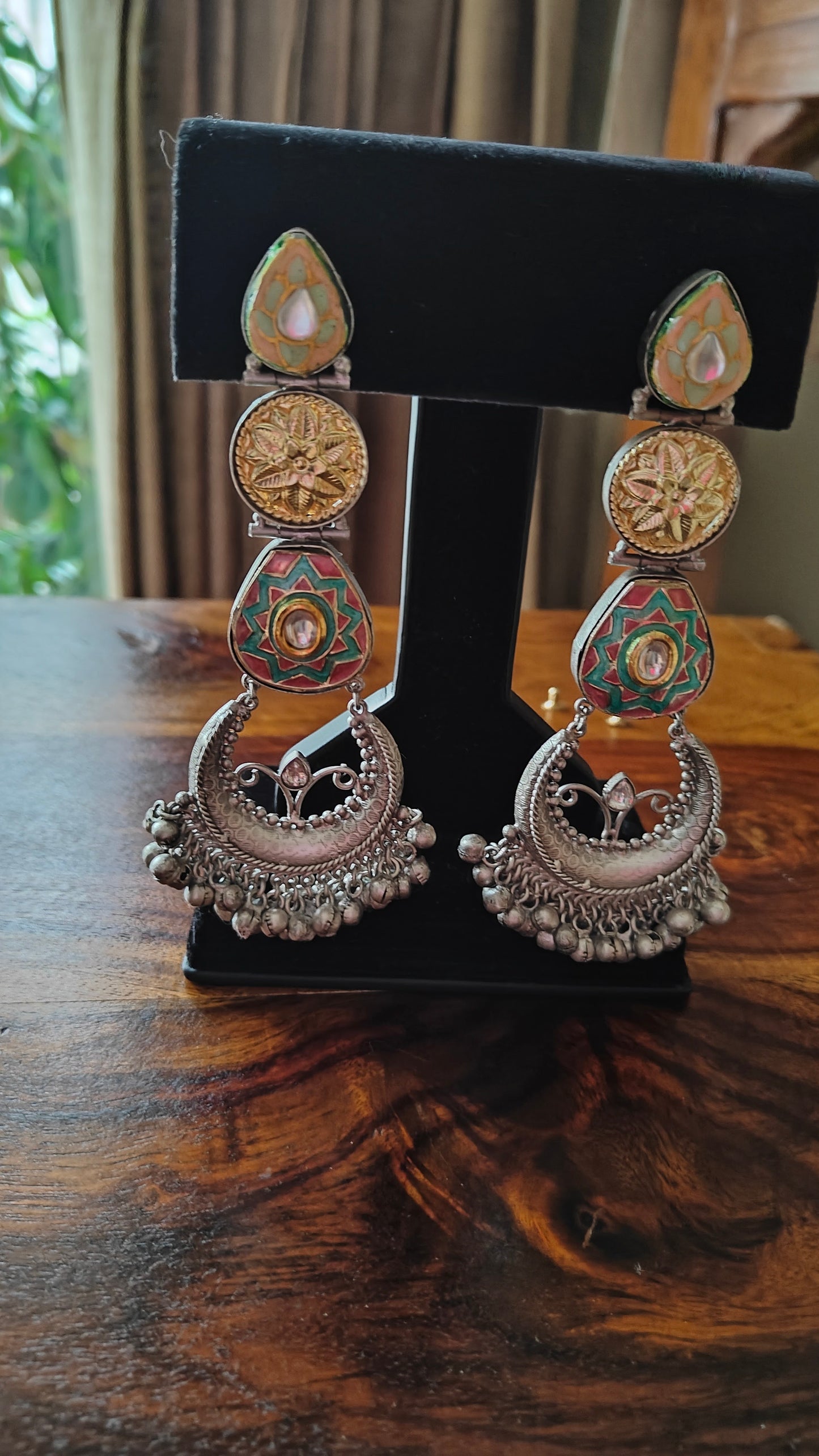 Nutan shoulder duster earrings with meenakari and kundan