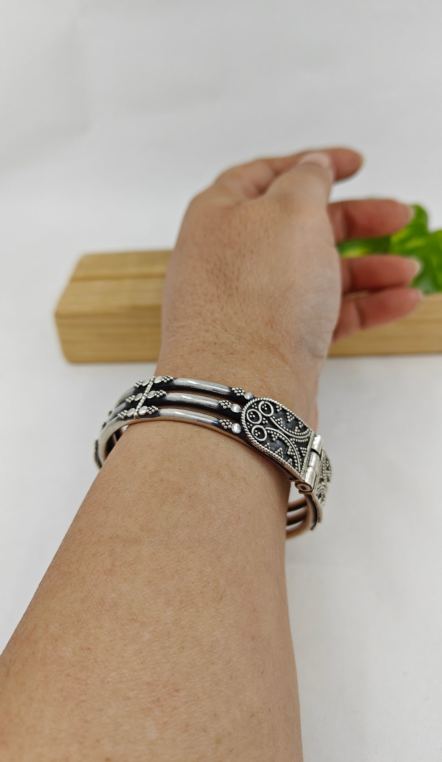 Solid silver kara (wrist cuff/ bangle) with carvings