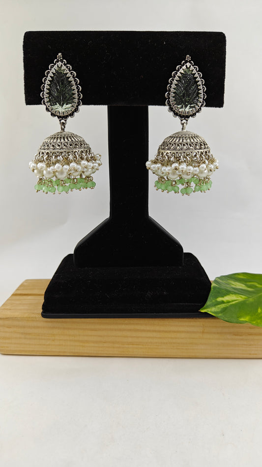 Silver finish jhumkas(earrings)with pearl and coloured stone hangings