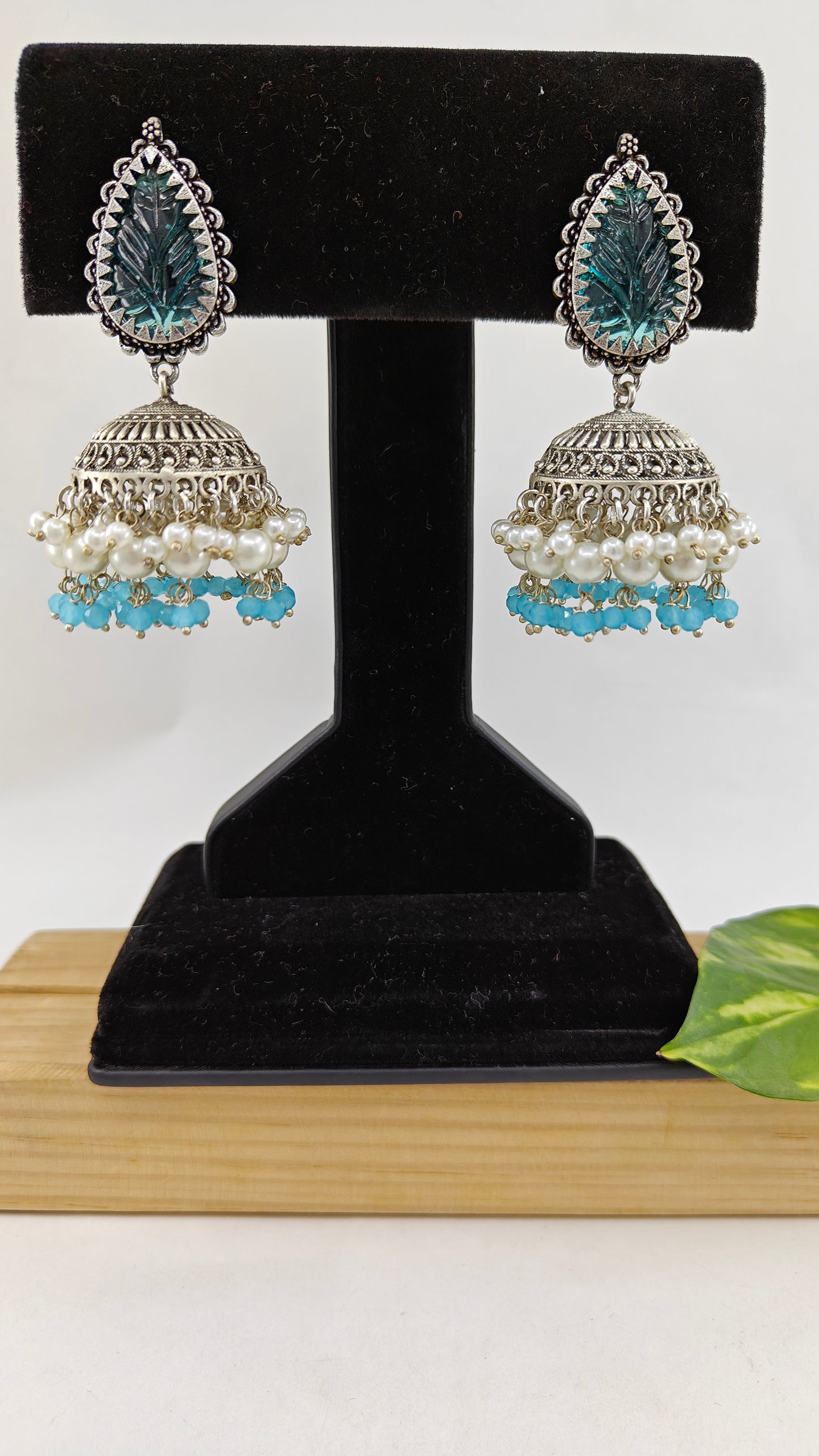 Silver finish jhumkas(earrings)with pearl and coloured stone hangings