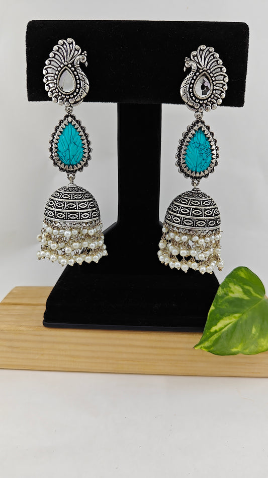 Silver finish jhumkas(earrings) with  stone inlay and pearl hangings