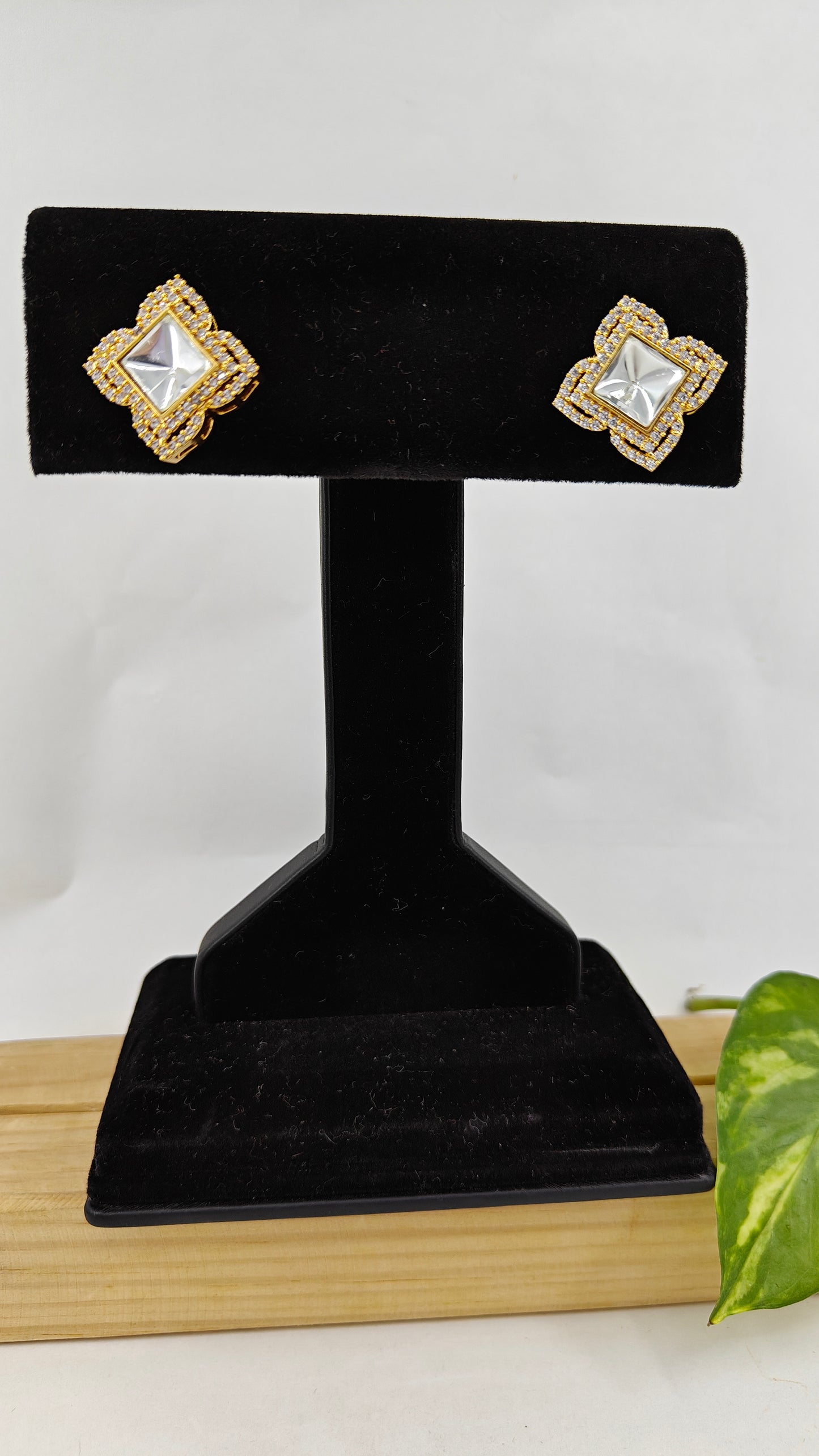 Square kundan studs (earrings) with CZ