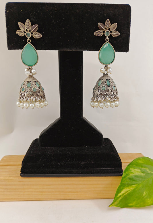 Jhumkis with mint green stone