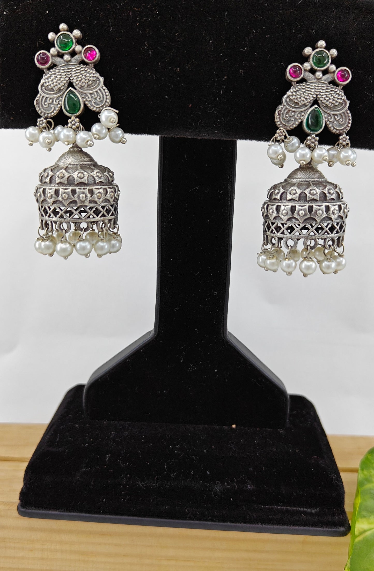 Jhumkis with green red stone and pearls