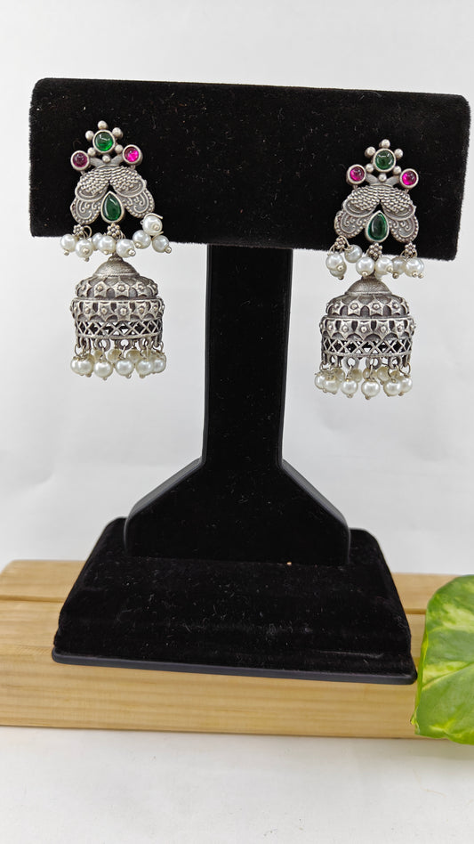 Jhumkis with green red stone and pearls