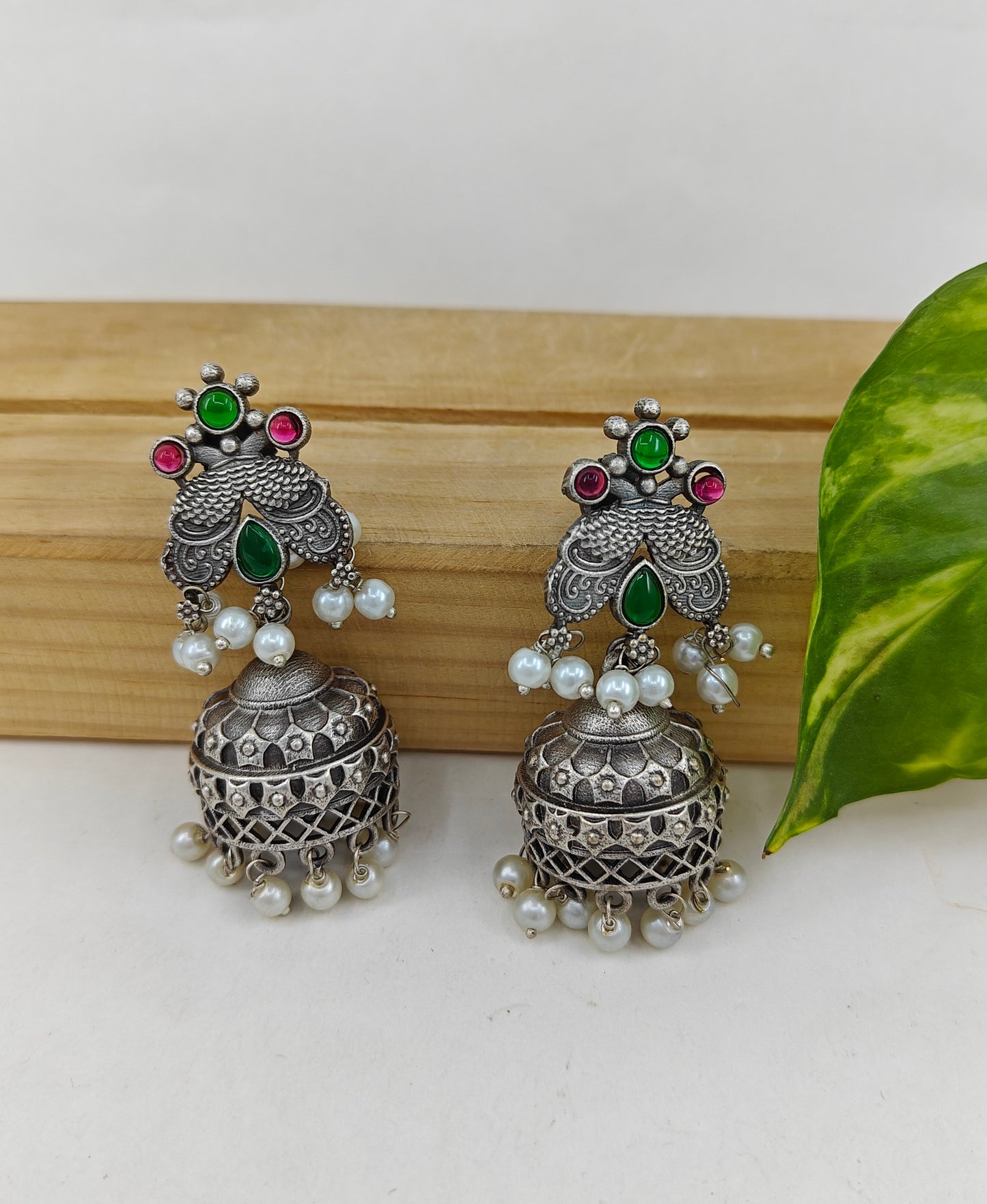 Jhumkis with green red stone and pearls