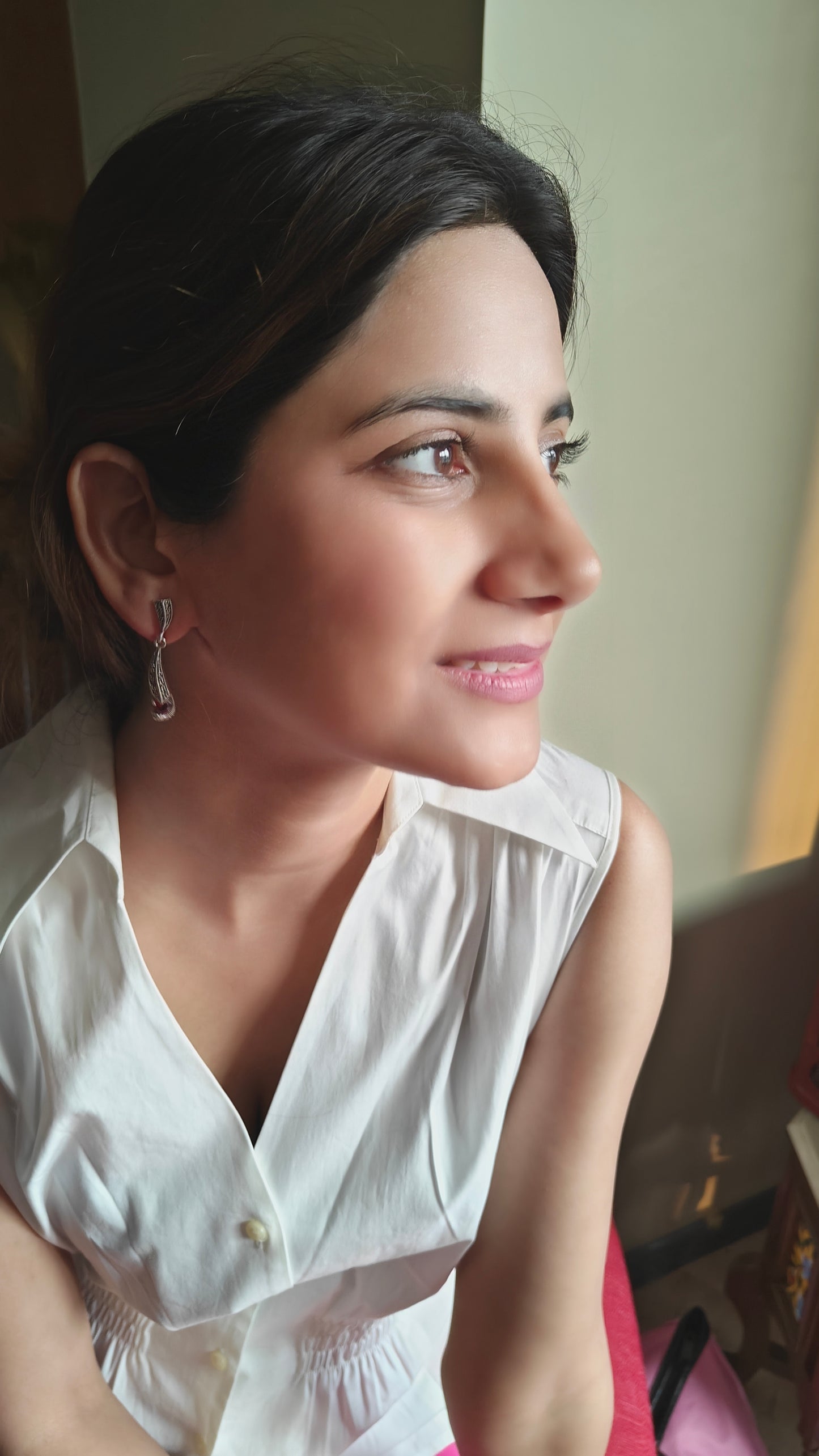 Silver and marcasite earrings with ruby red stone