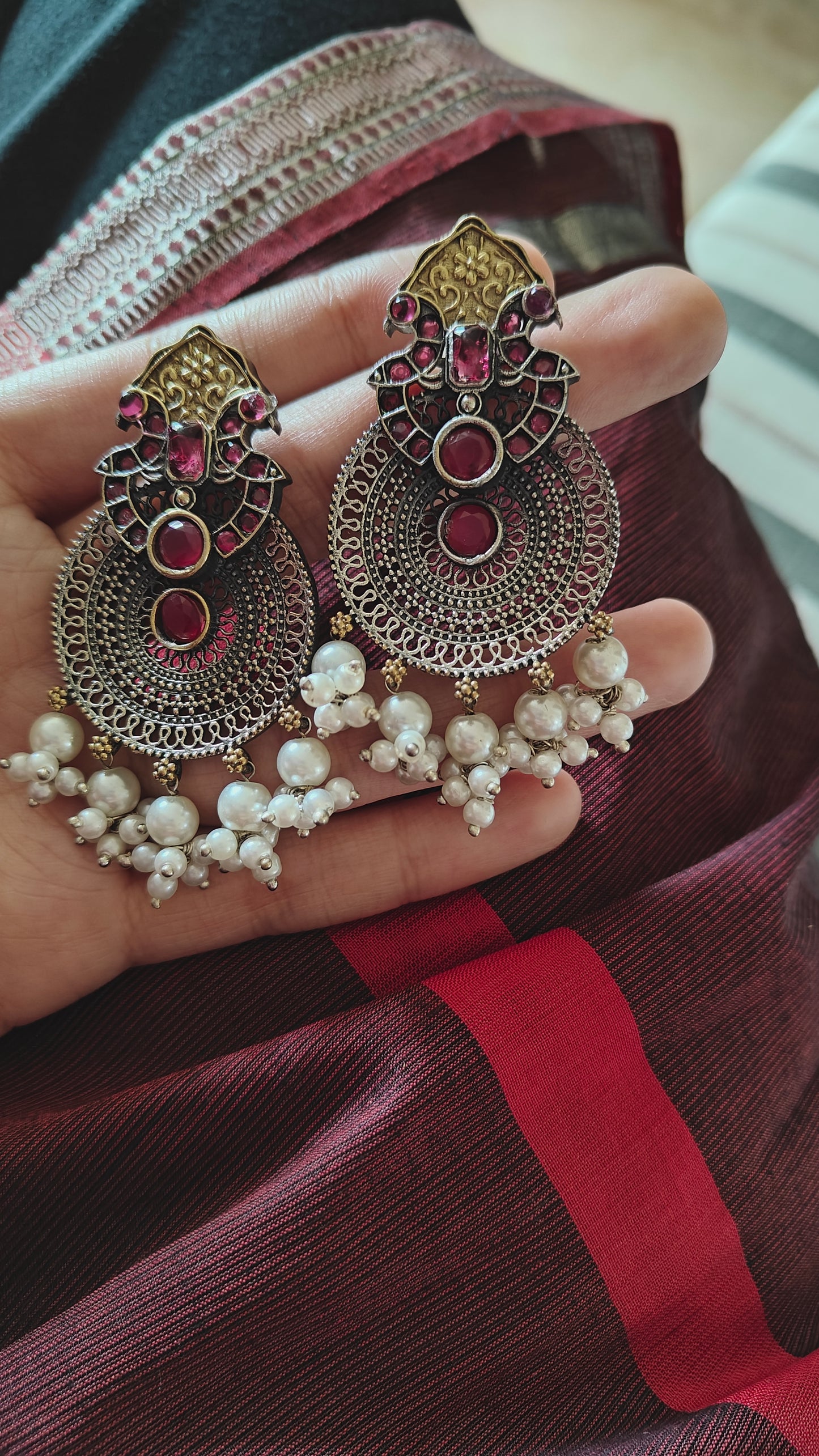 Dual tone peacock earrings with stone