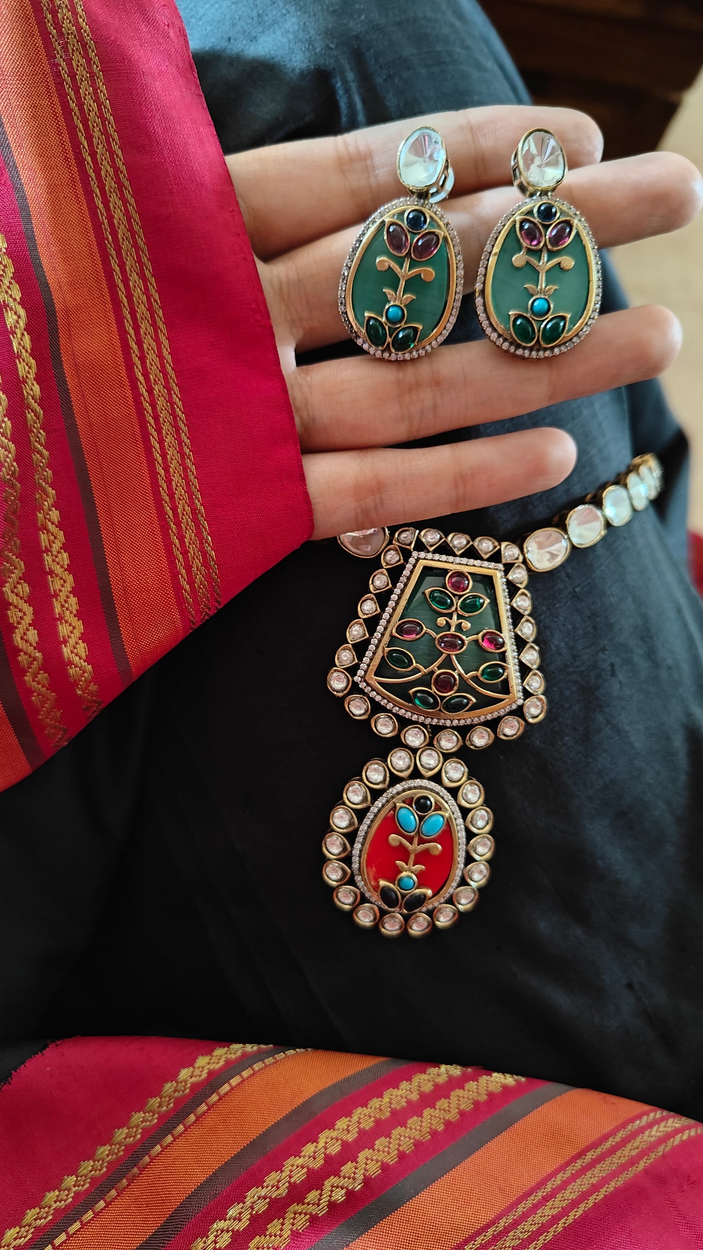 Avni set with kundan moissanite,coloured stone work