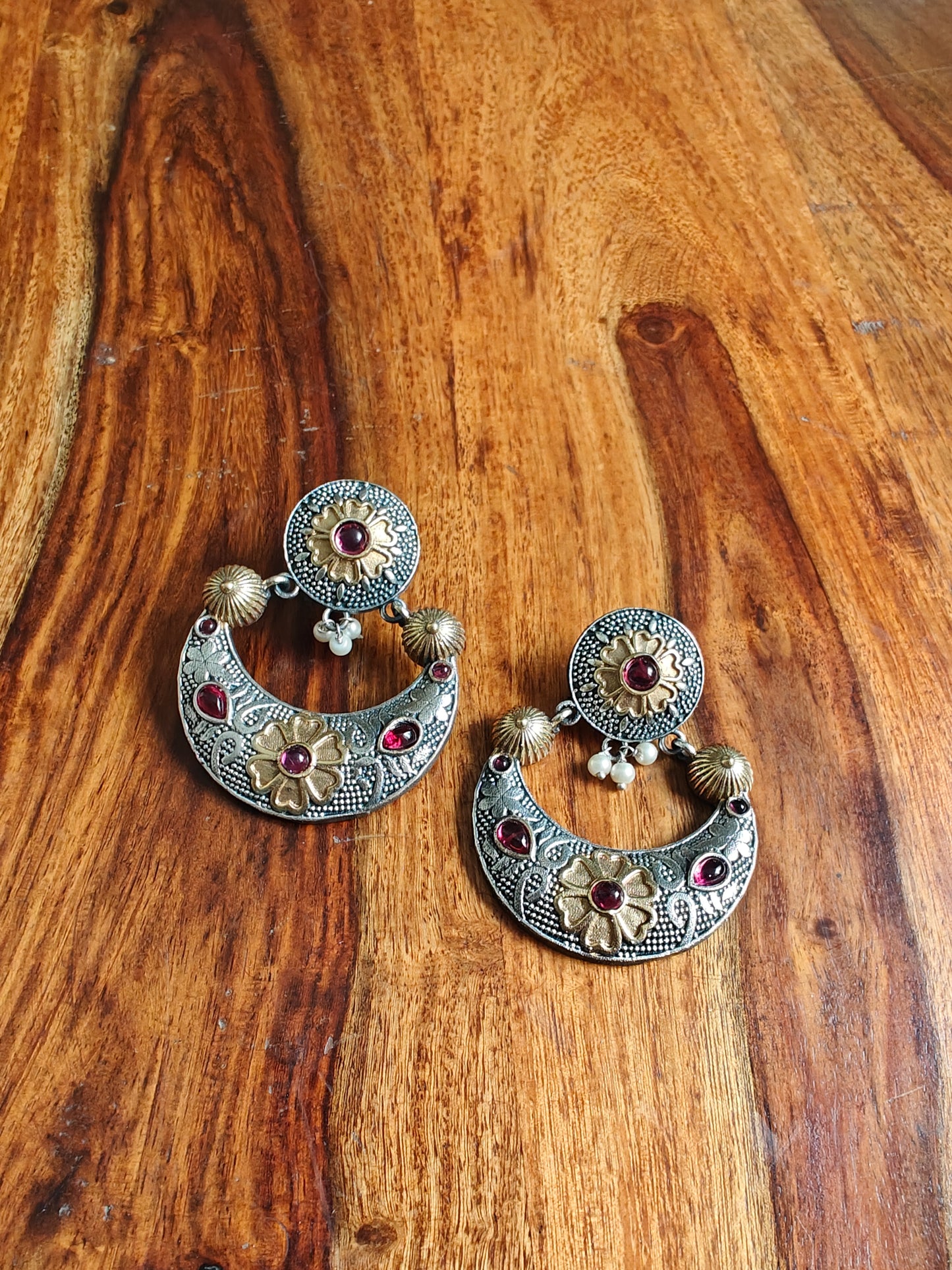 Dual tone crescent moon earrings