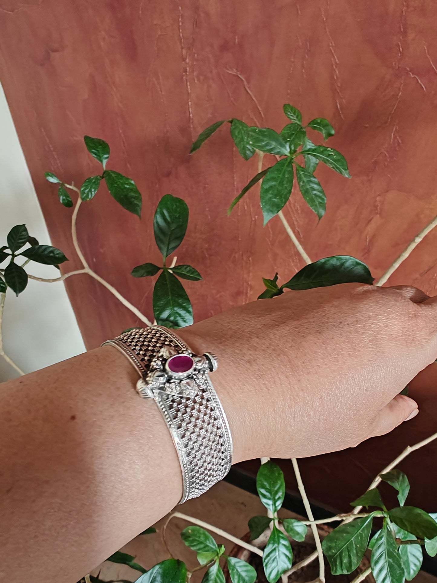 Thamarai sterling silver kada( bracelet) with mesh design and flower