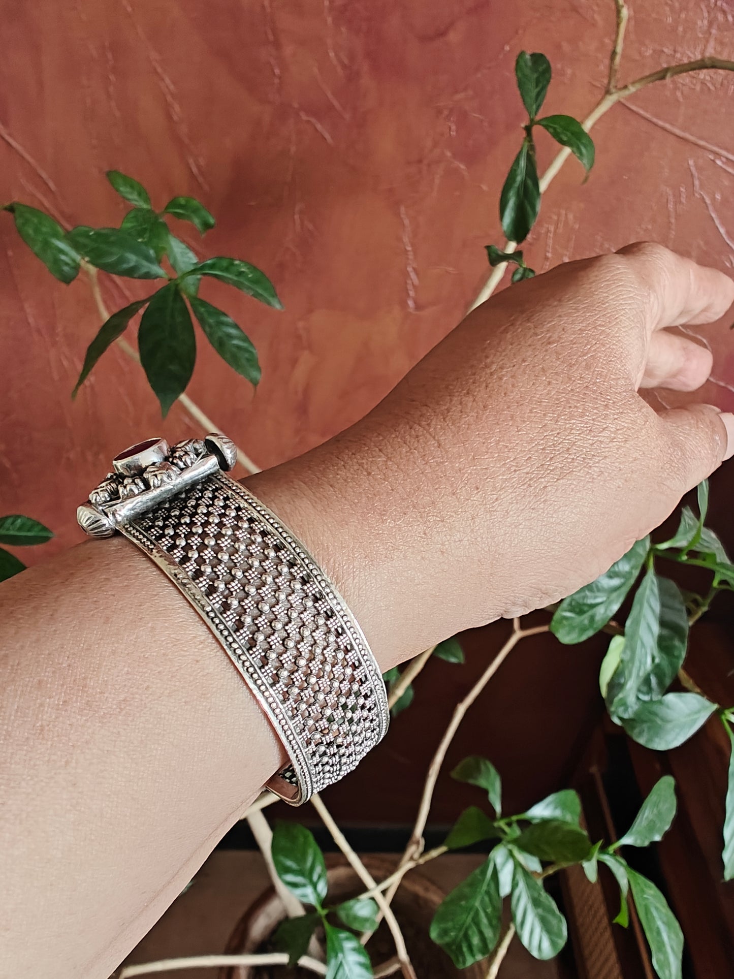 Thamarai sterling silver kada( bracelet) with mesh design and flower