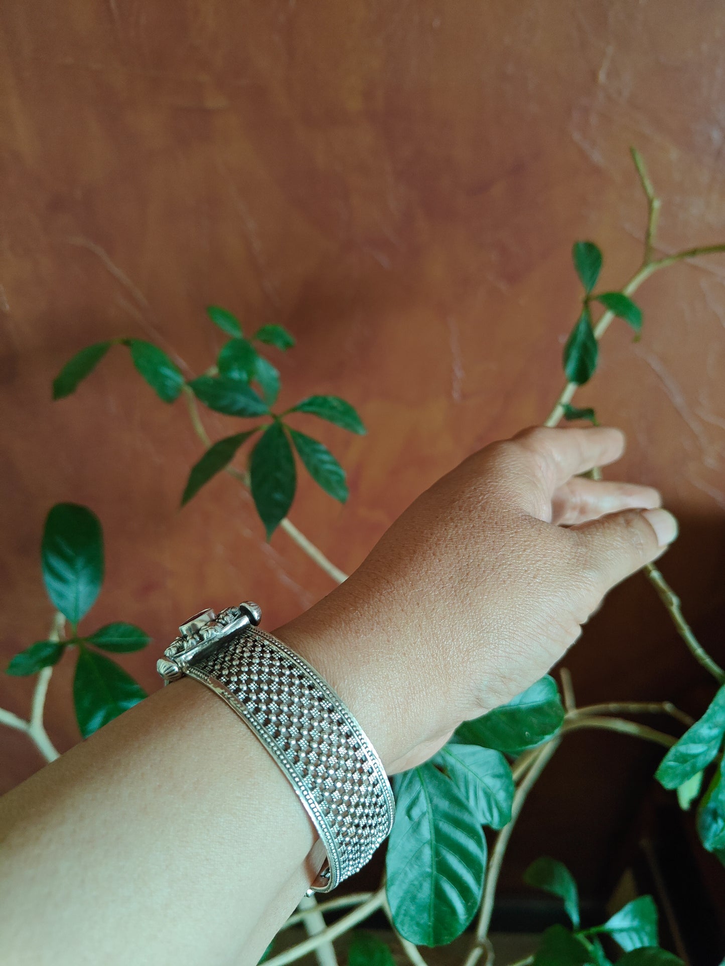 Thamarai sterling silver kada( bracelet) with mesh design and flower