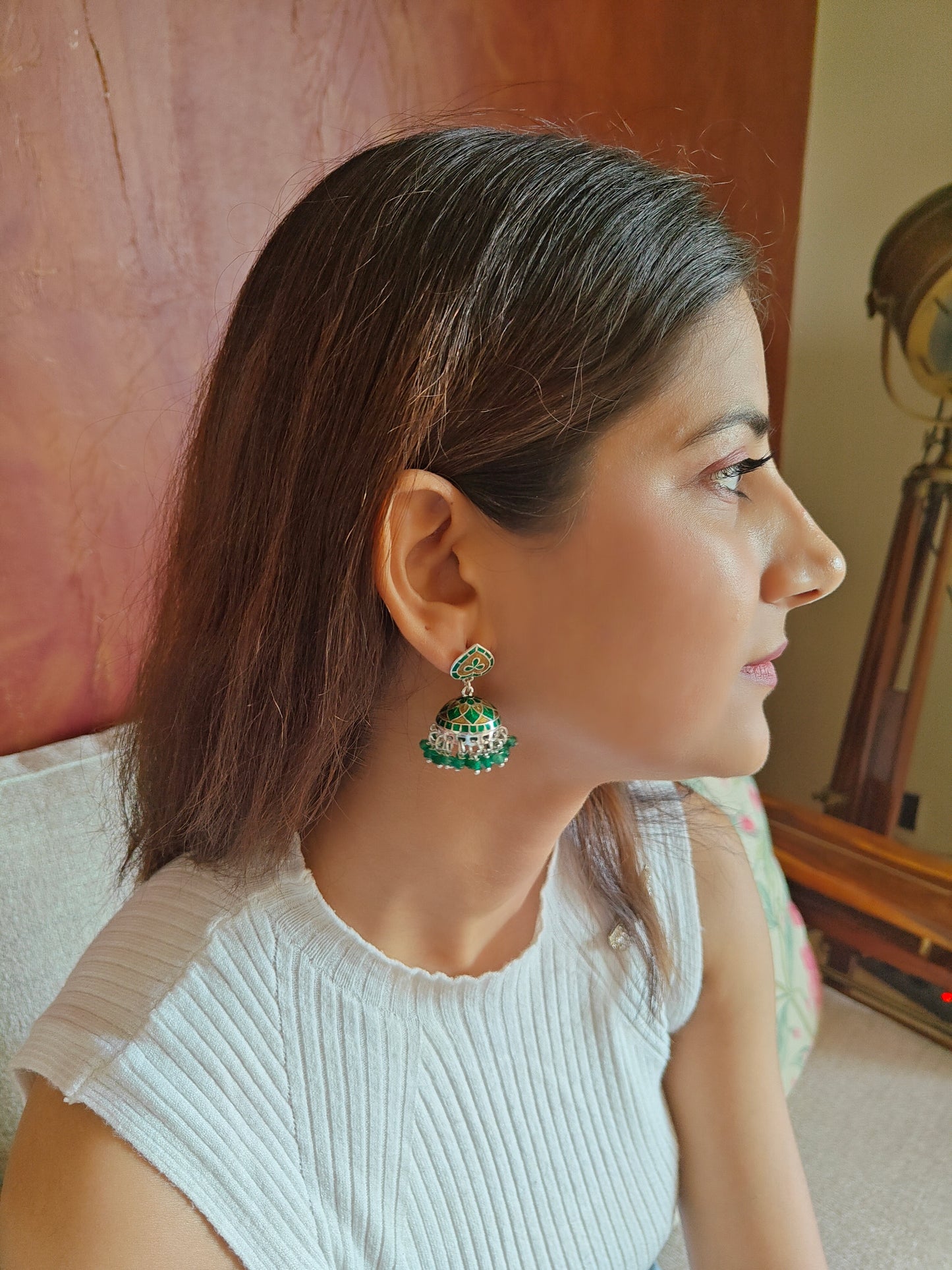 Visala silver jhumkis with meenakari