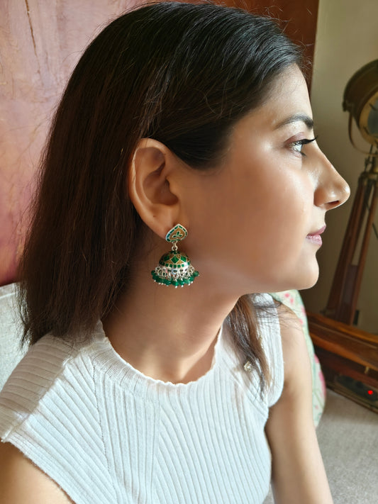 Visala silver jhumkis with meenakari