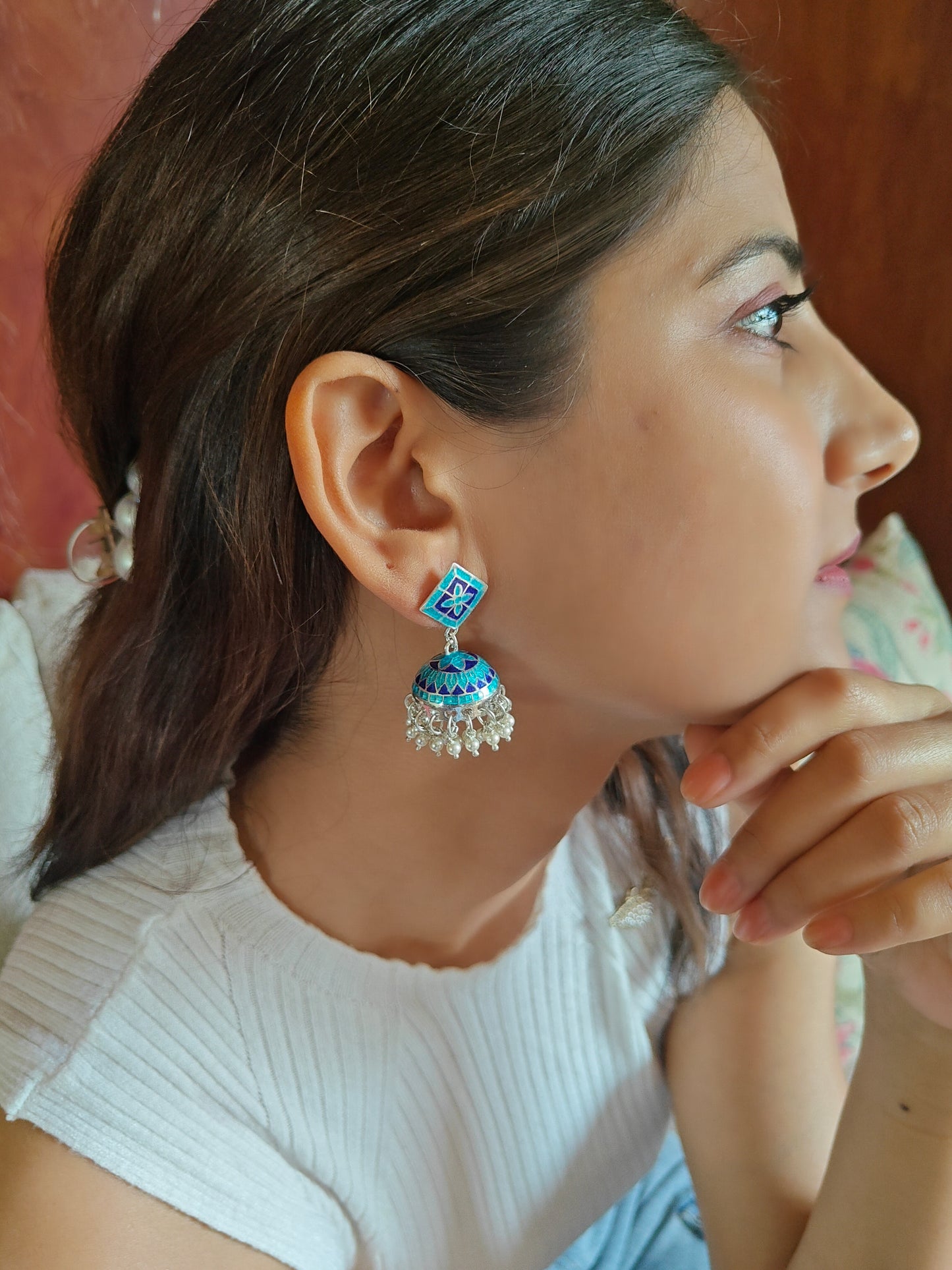 Visala silver jhumkis with meenakari