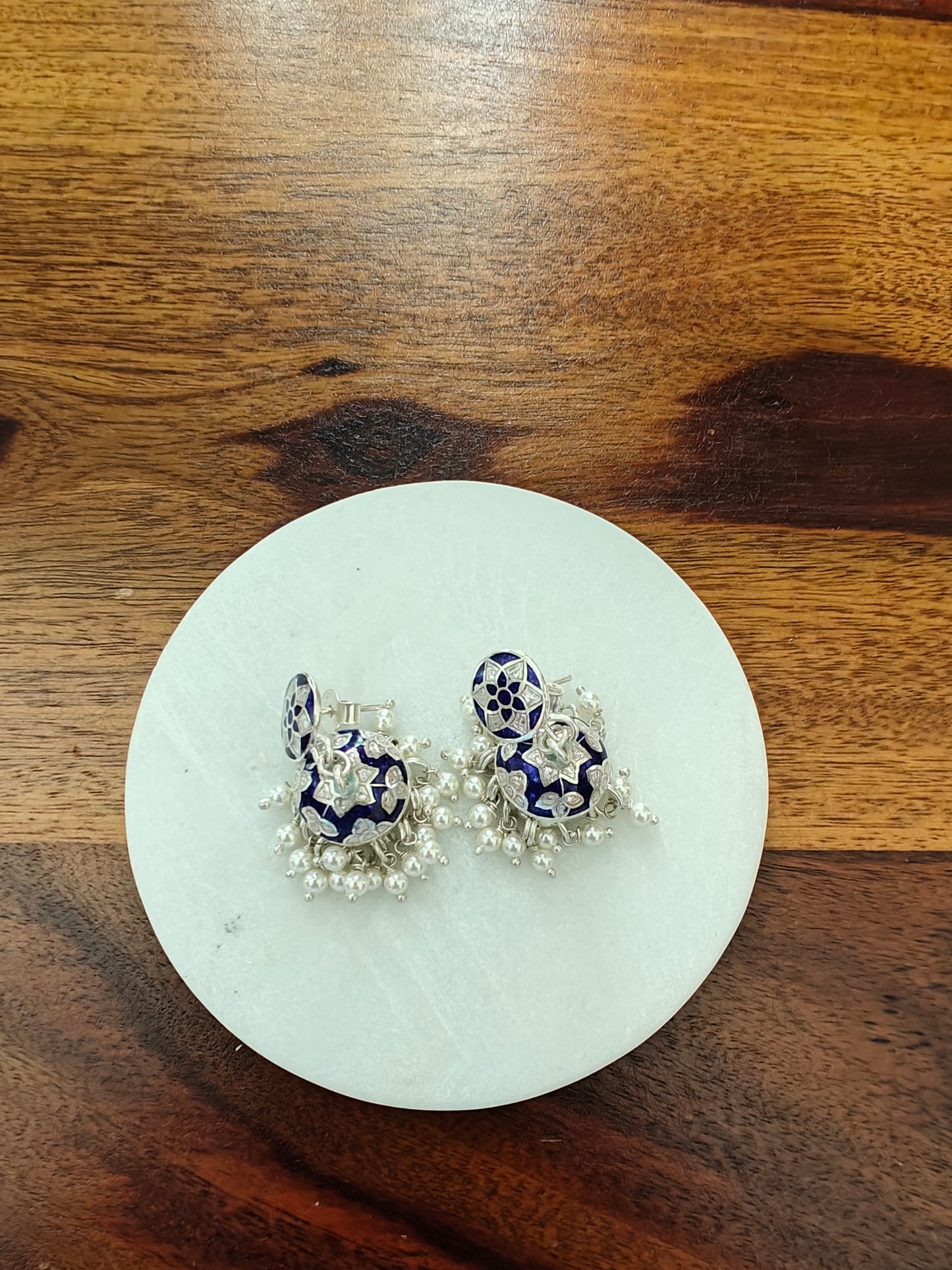 Silver dark blue meenakari jhumkis