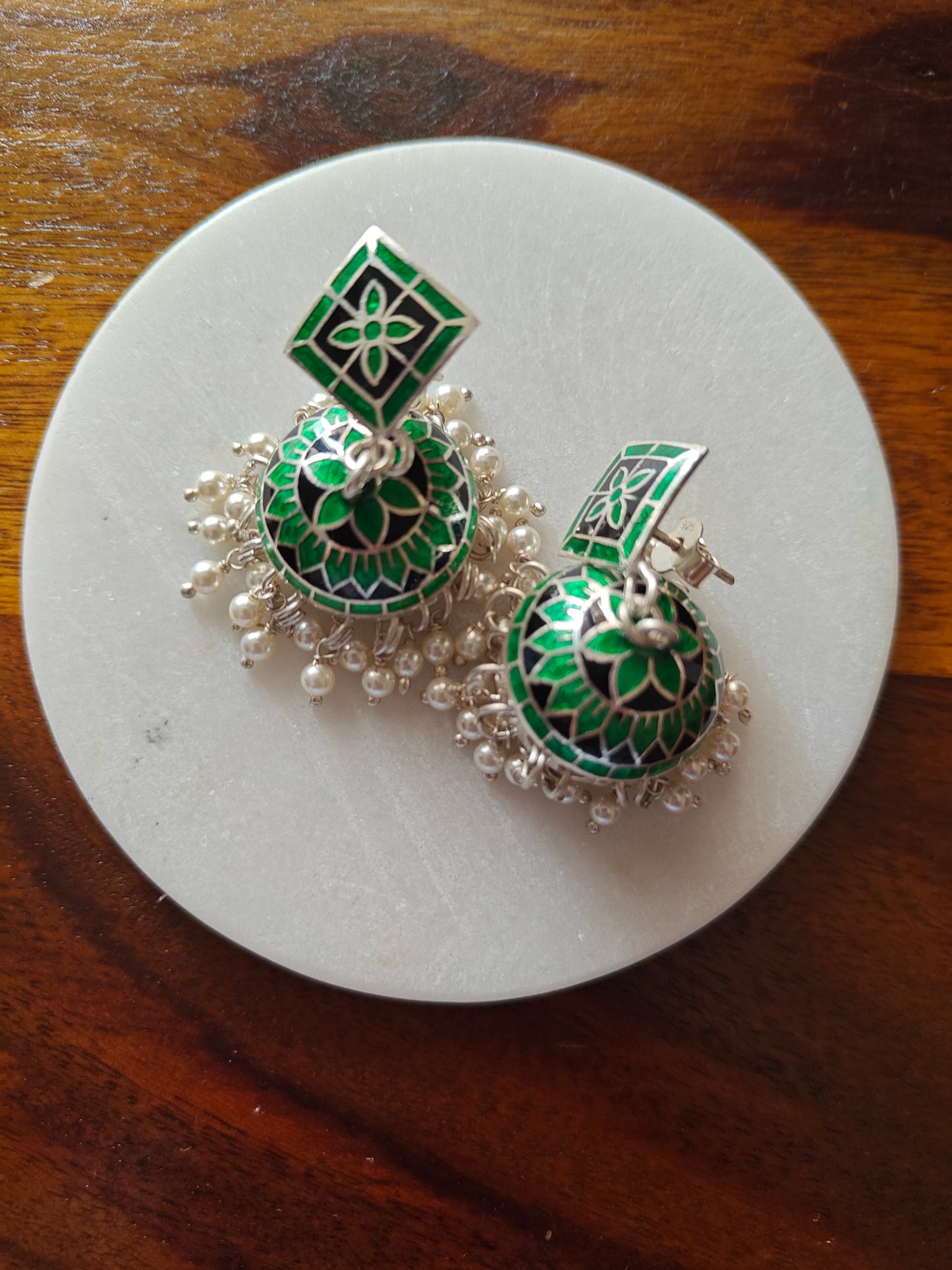 Visala silver jhumkis with meenakari