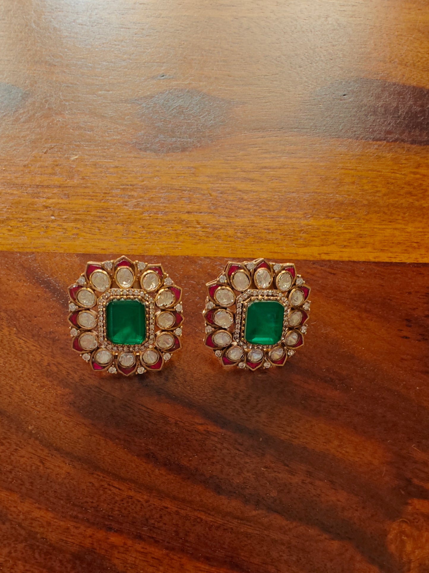 Flower stud(earrings)with moissanite petals and meenakari