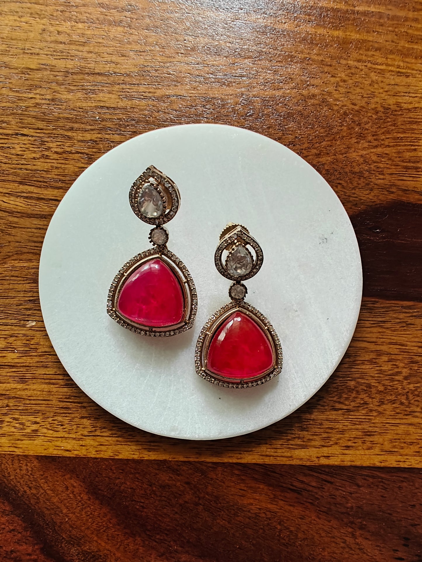 'Roohafza' moissanite earrings with rose/ruby colored stone