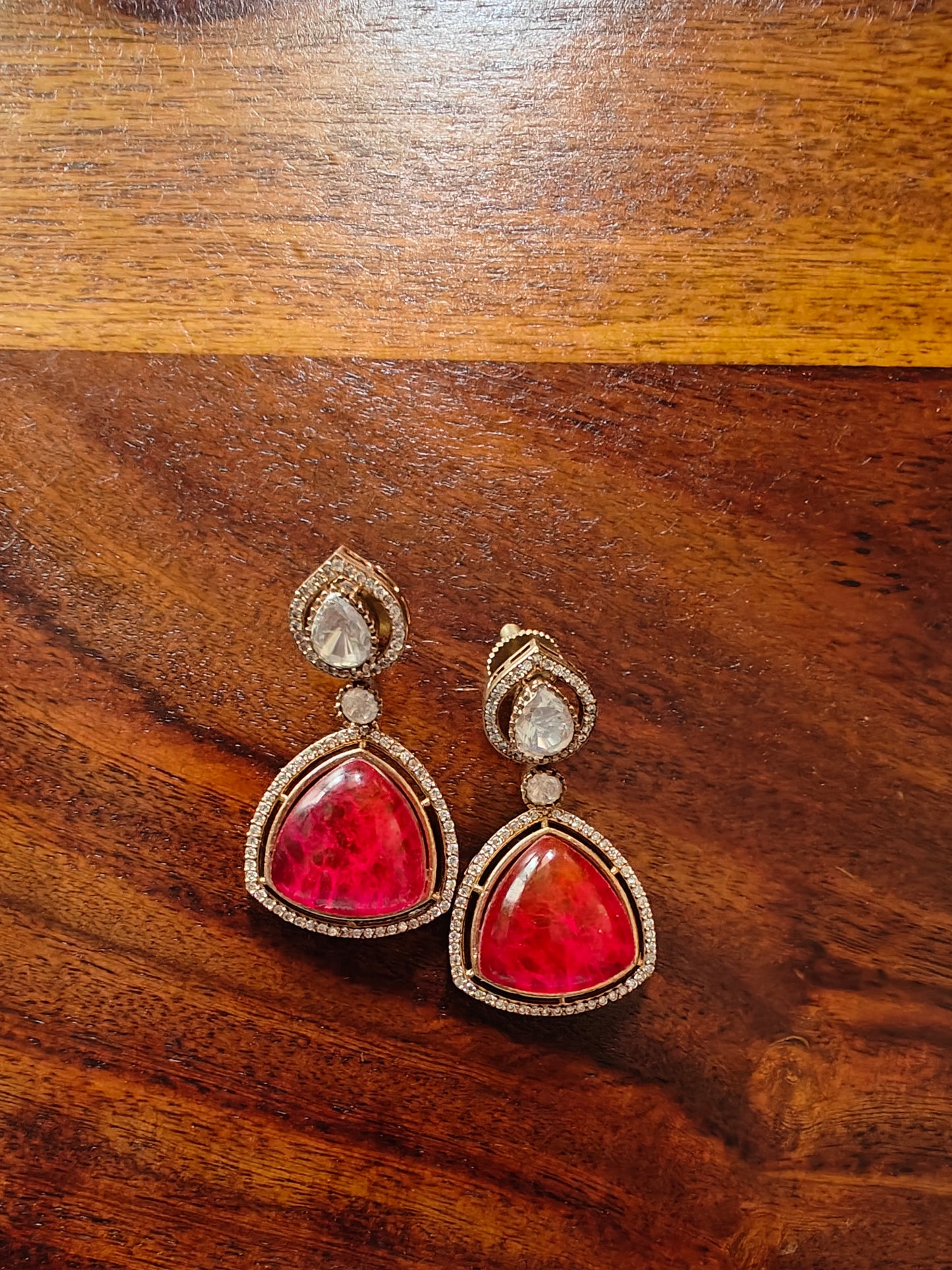 'Roohafza' moissanite earrings with rose/ruby colored stone